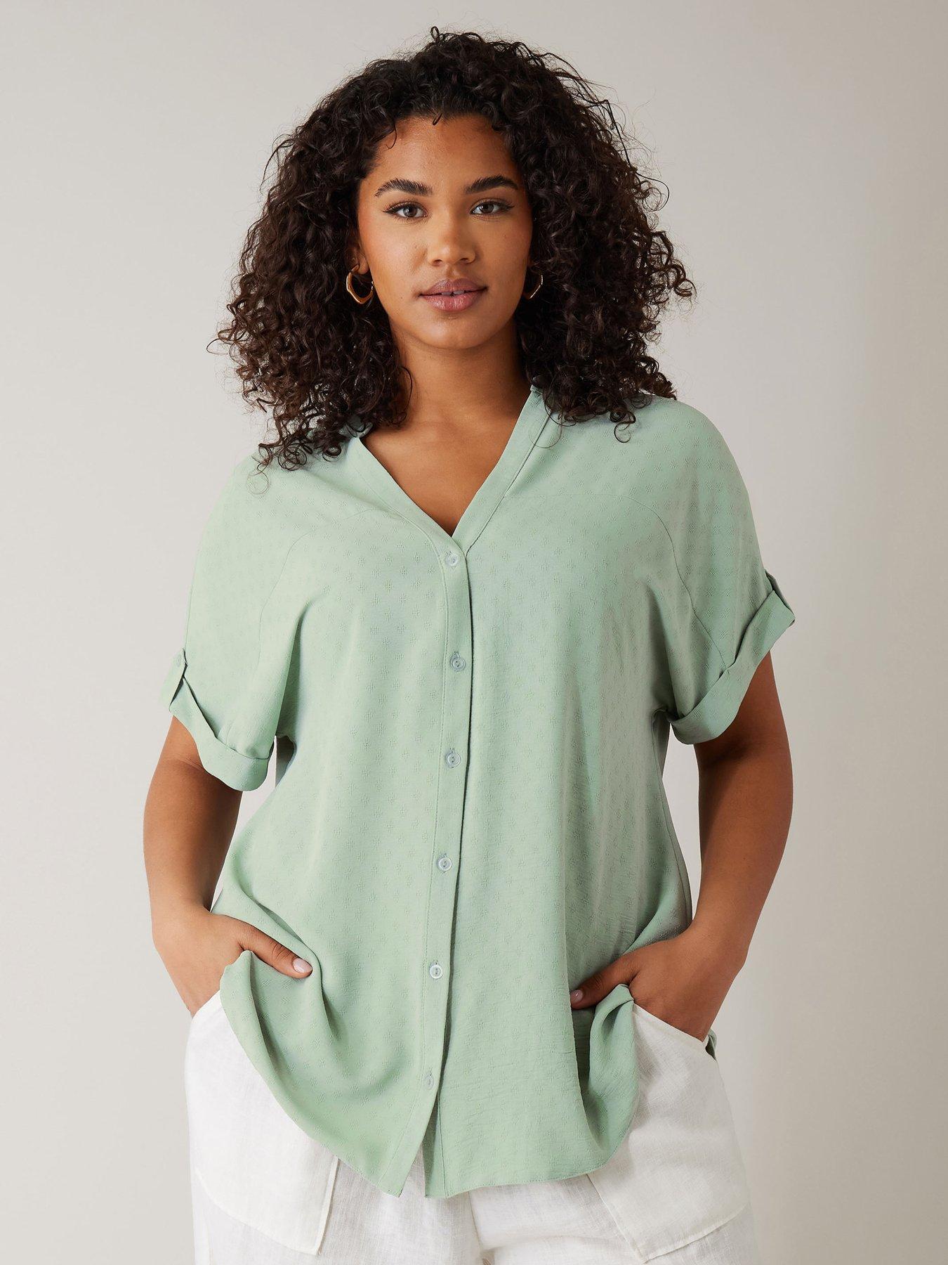 front image of evans-yoke-button-through-grown-on-sleeve-blouse-green