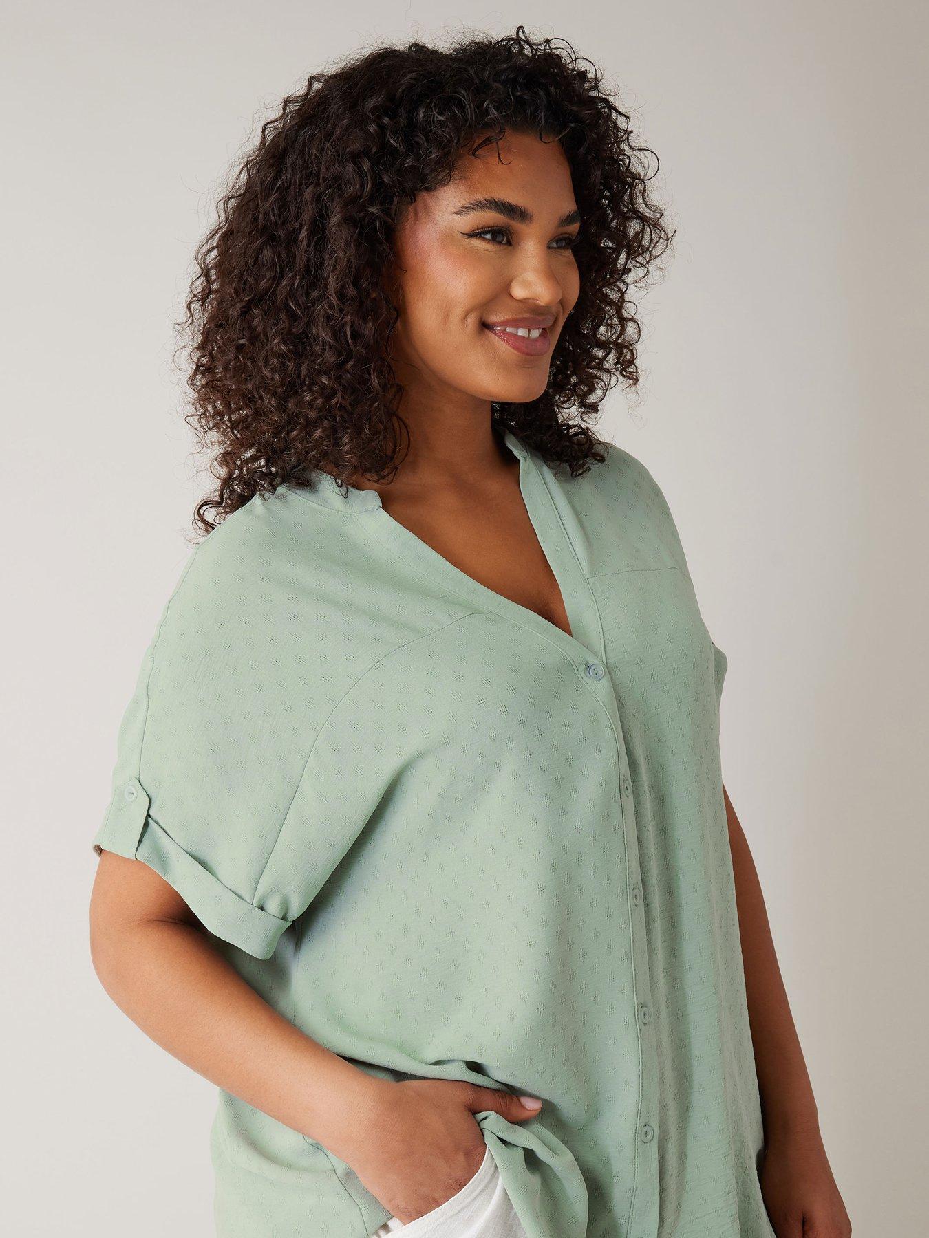  image of evans-yoke-button-through-grown-on-sleeve-blouse-green