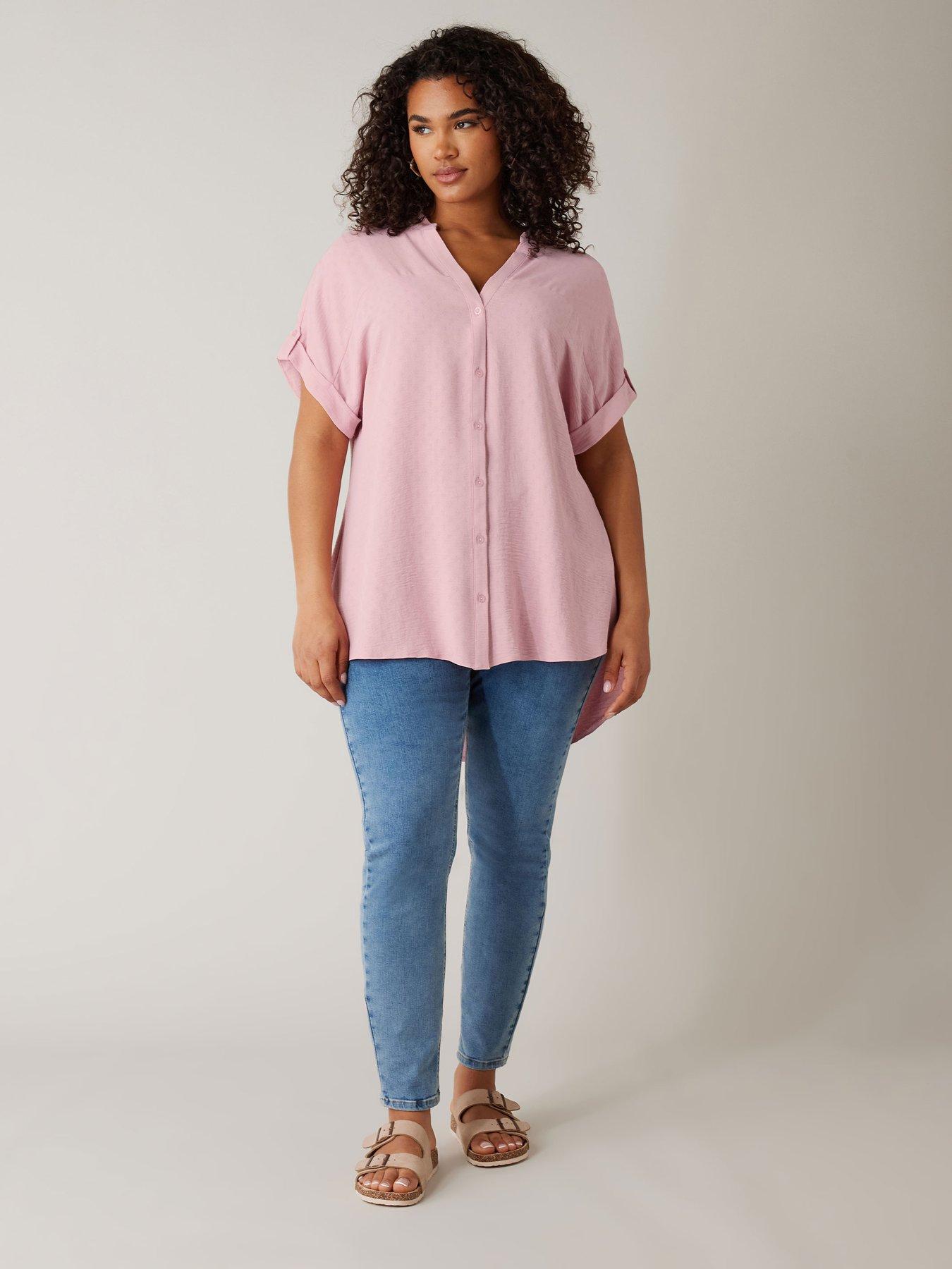  image of evans-yoke-button-thru-grown-on-sleeve-blouse-pink
