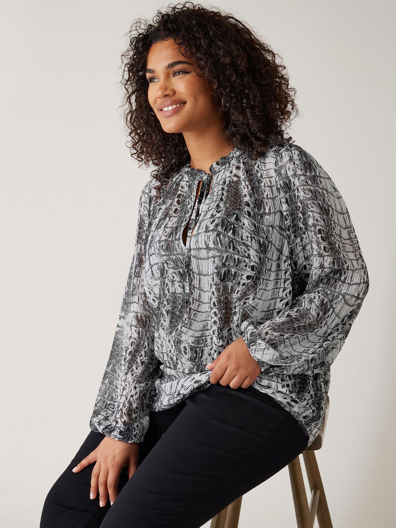  image of evans-tie-neck-long-sleeve-blouse-black