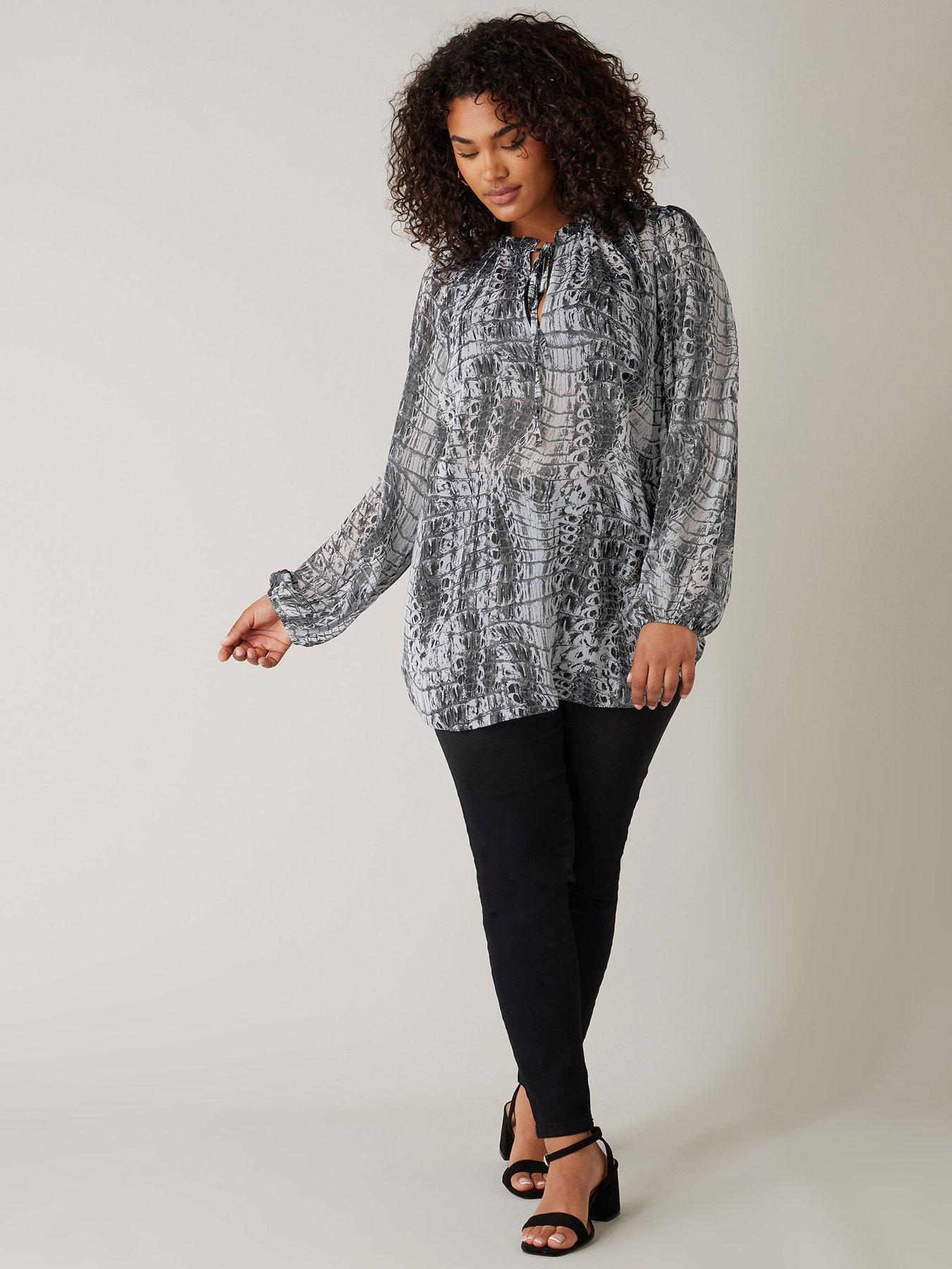  image of evans-tie-neck-long-sleeve-blouse-black
