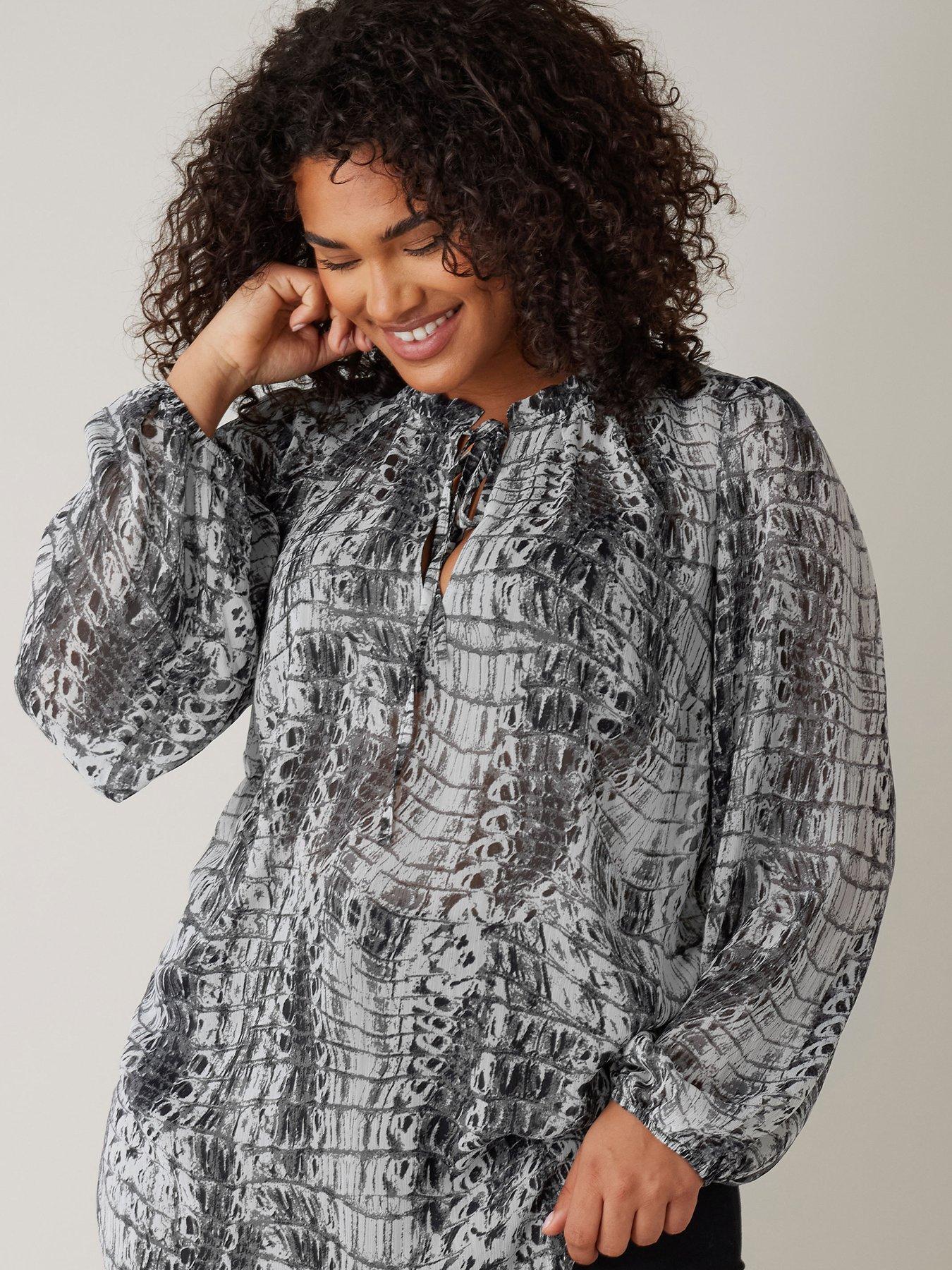  image of evans-tie-neck-long-sleeve-blouse-black