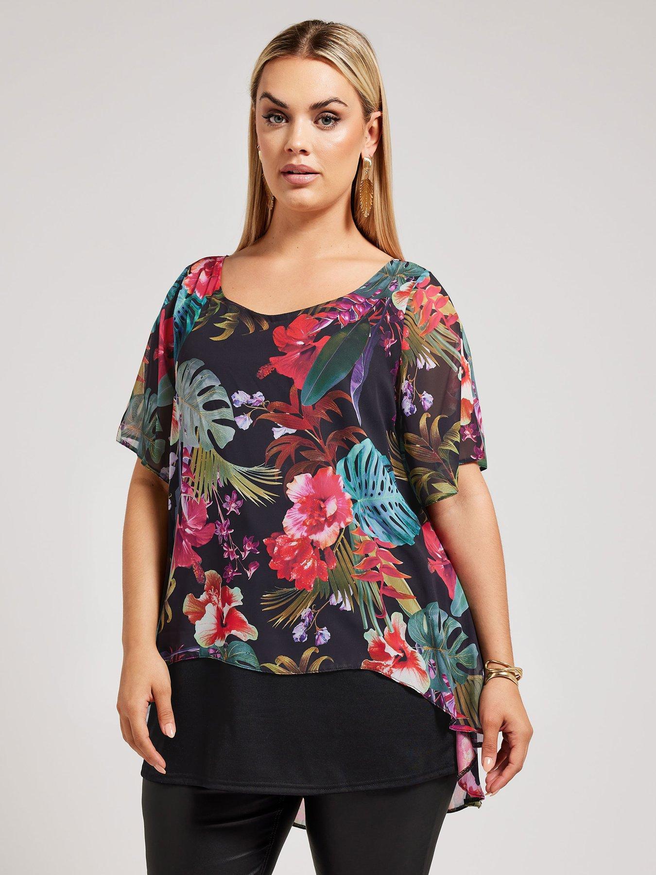 undefined Curve Chiffon Overlay Top Tropical Floral