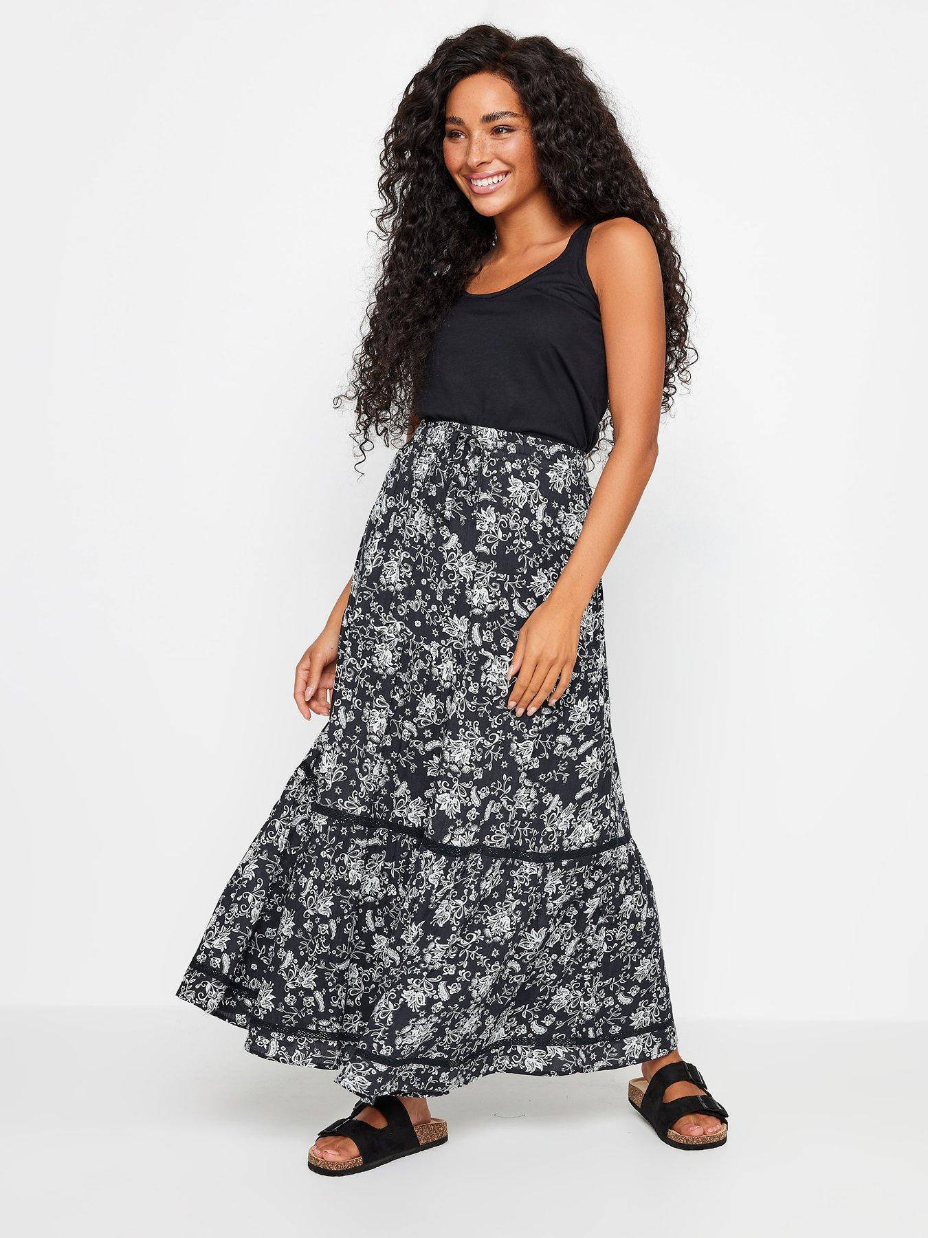  image of mco-petite-petite-navy-and-white-damask-print-tiered-maxi-skirt