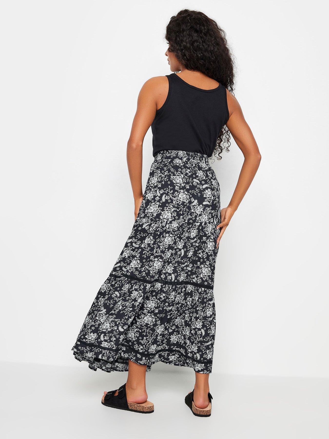  image of mco-petite-petite-navy-and-white-damask-print-tiered-maxi-skirt
