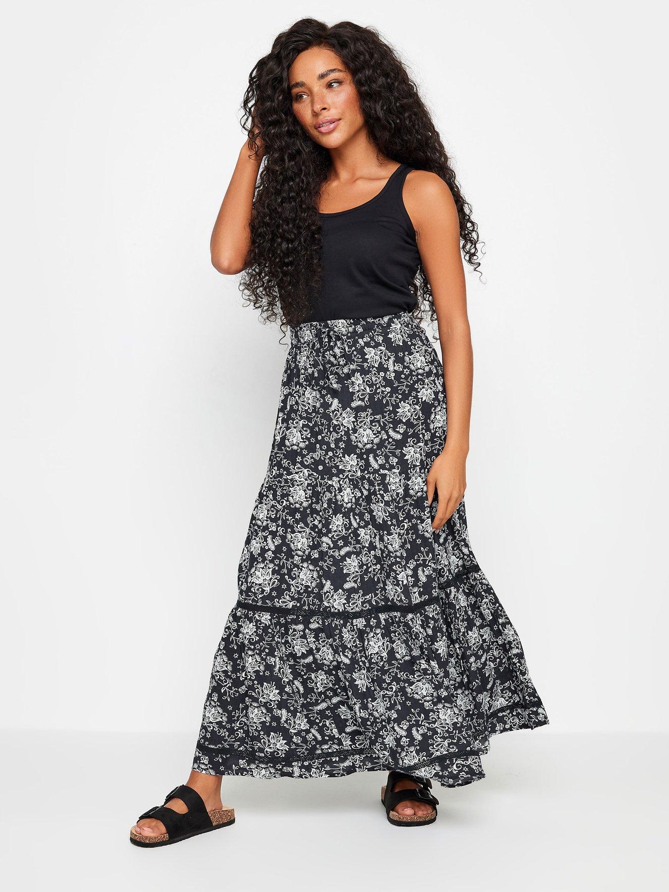  image of mco-petite-petite-navy-and-white-damask-print-tiered-maxi-skirt