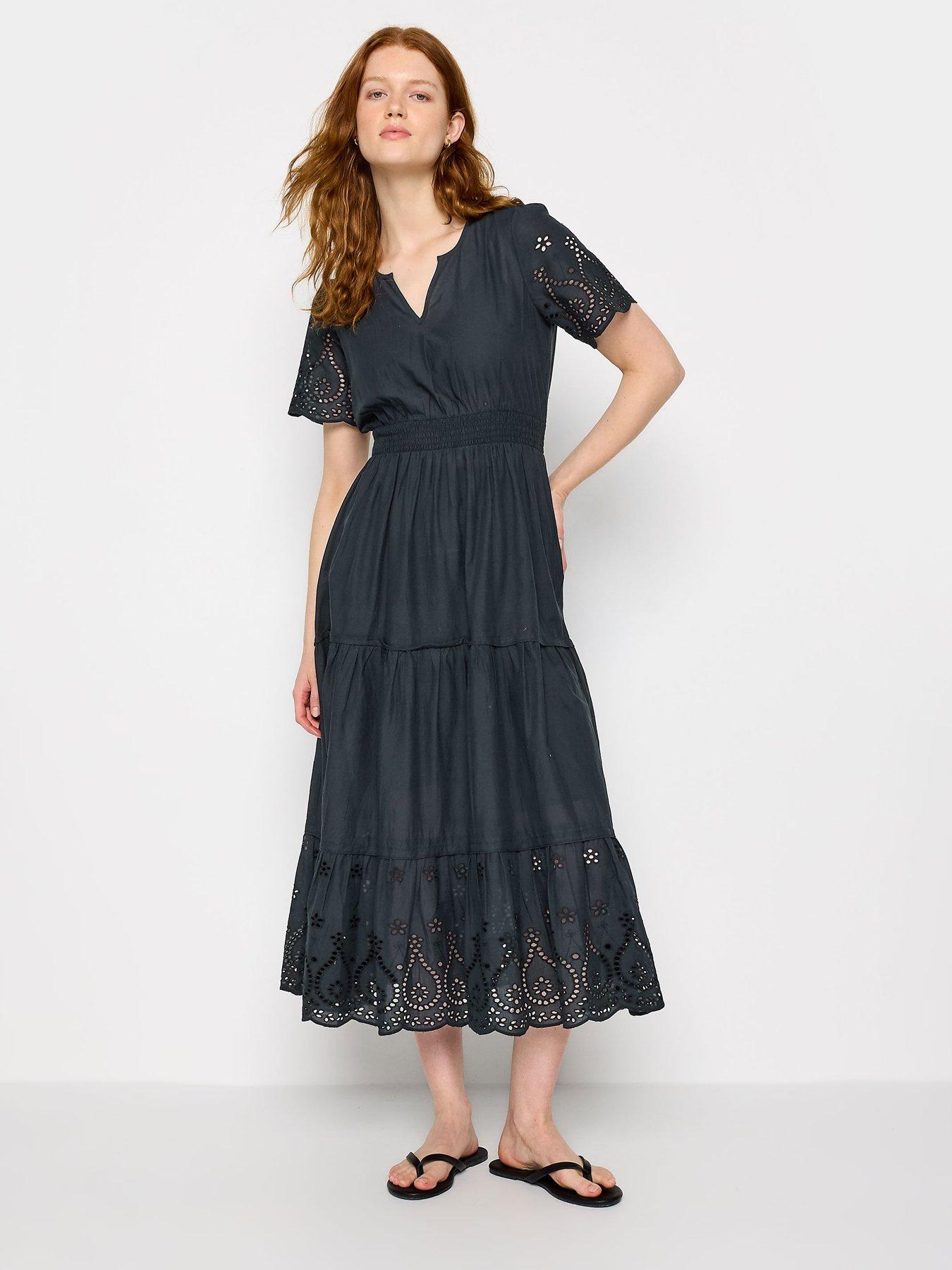 Tall Cotton Tiered Maxi Dress with Broderie Anglaise Detail Navy Blue
