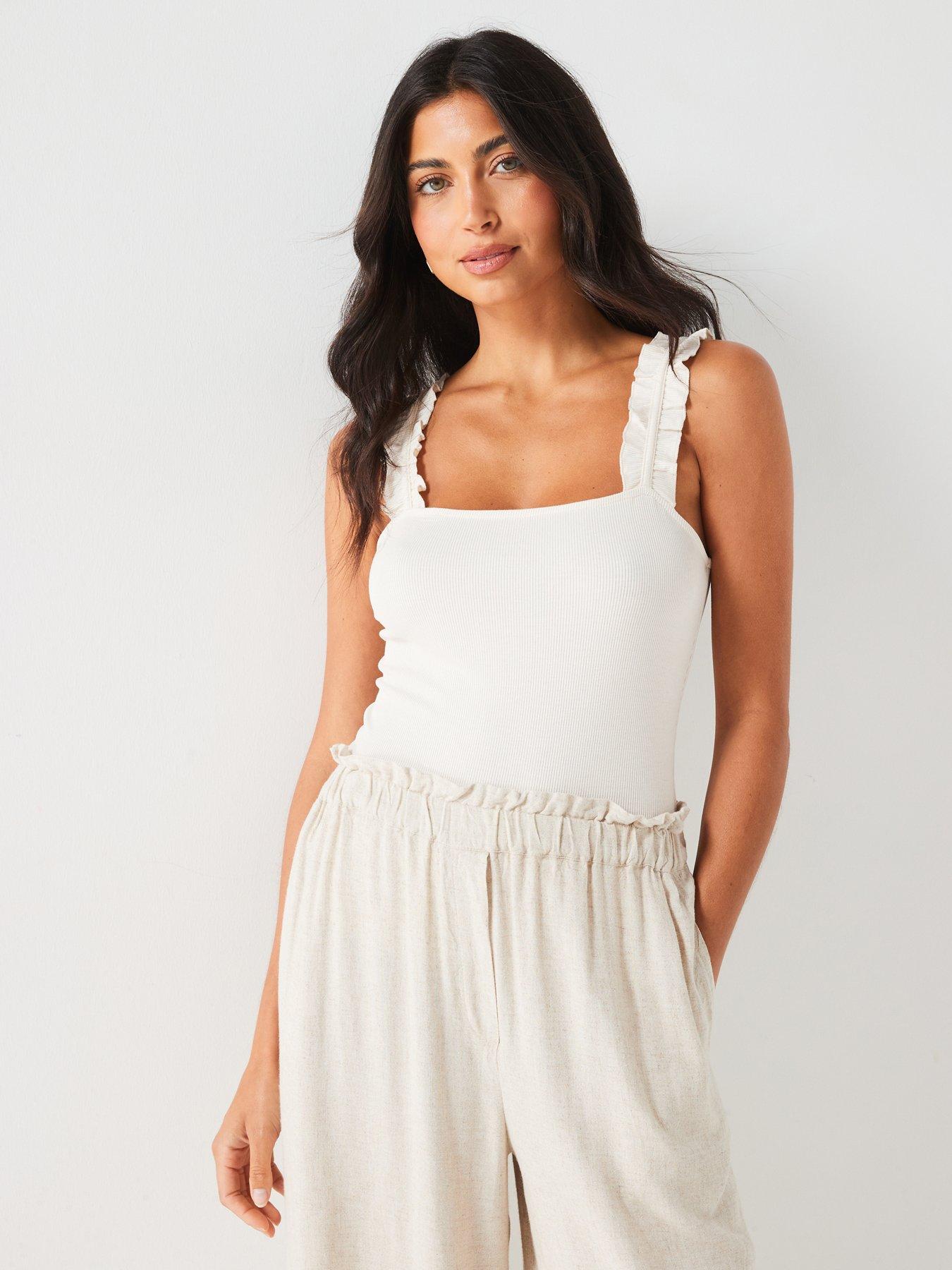  image of v-by-very-ruffle-sleeve-rib-vest-cream