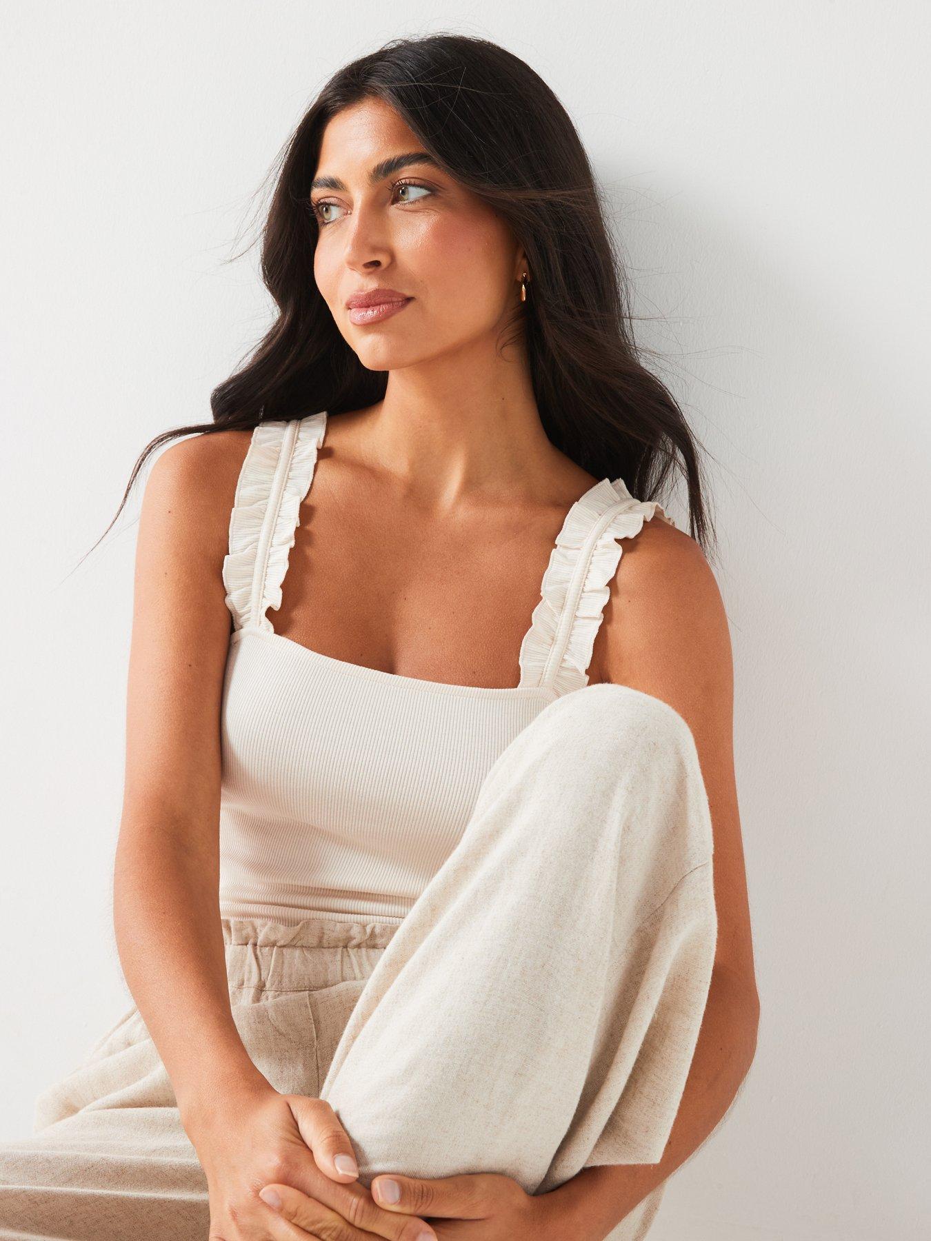  image of v-by-very-ruffle-sleeve-rib-vest-cream