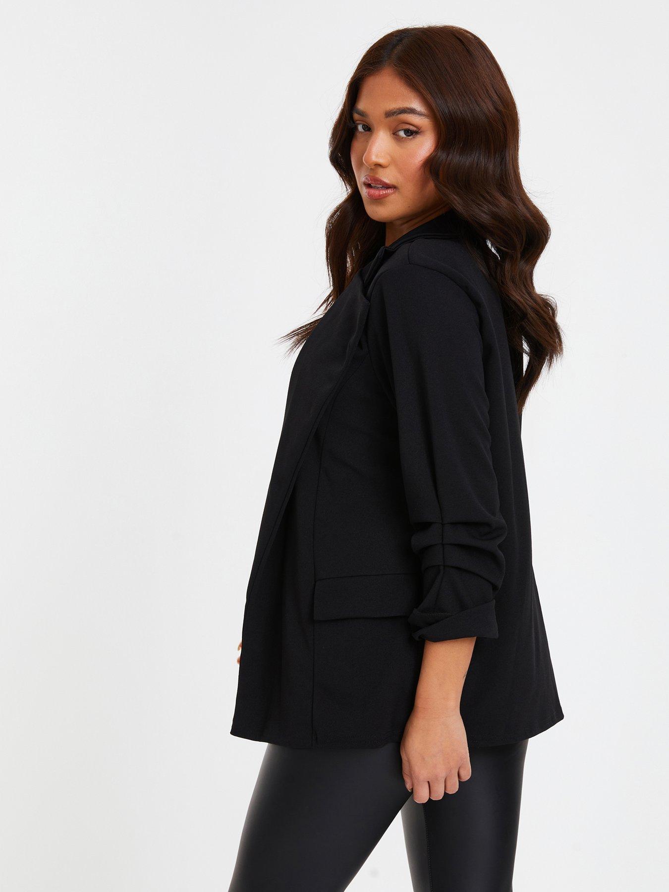 Image 2 of 6 of Quiz Petite Black Ruched Sleeve Blazer