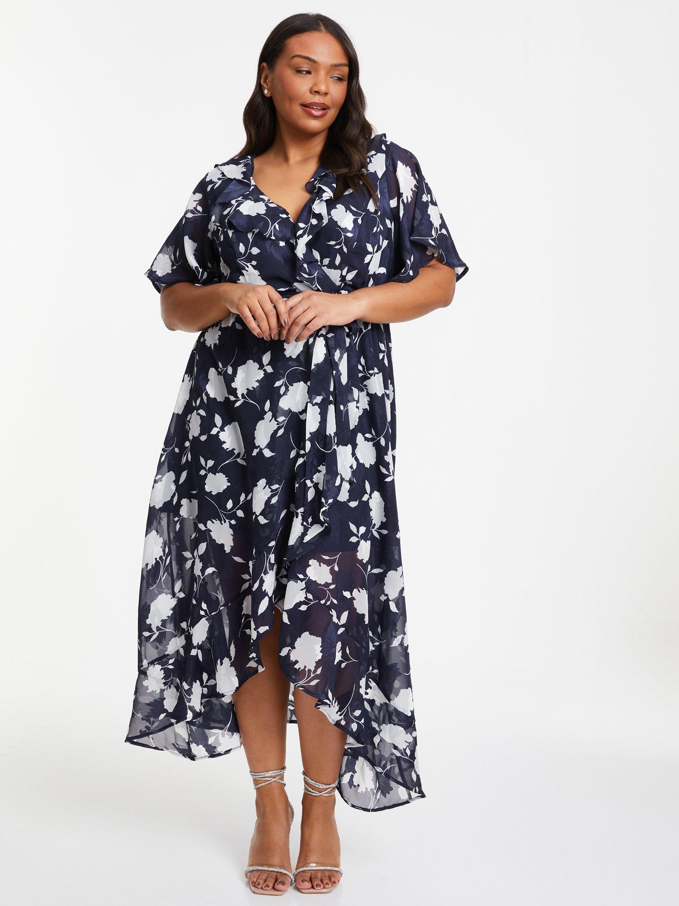 Quiz Curve Navy Floral Frill Wrap Midi Dress | littlewoods.com