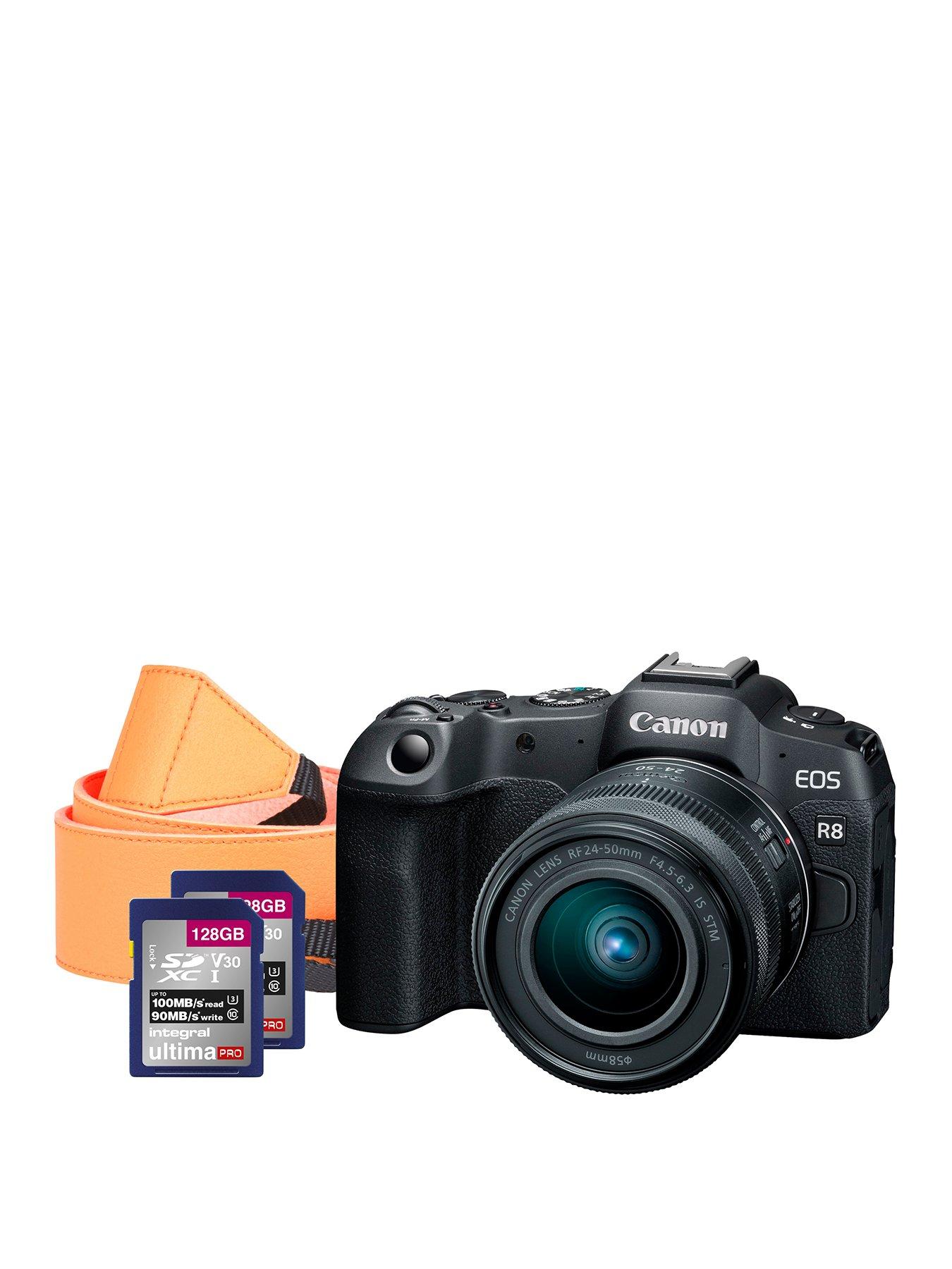 Canon EOS R8 Full Frame Mirrorless Camera with RF 24-50mm F4.5-6.3 IS STM Lens, 2x 128GB SD Cards  &  Neck Strap