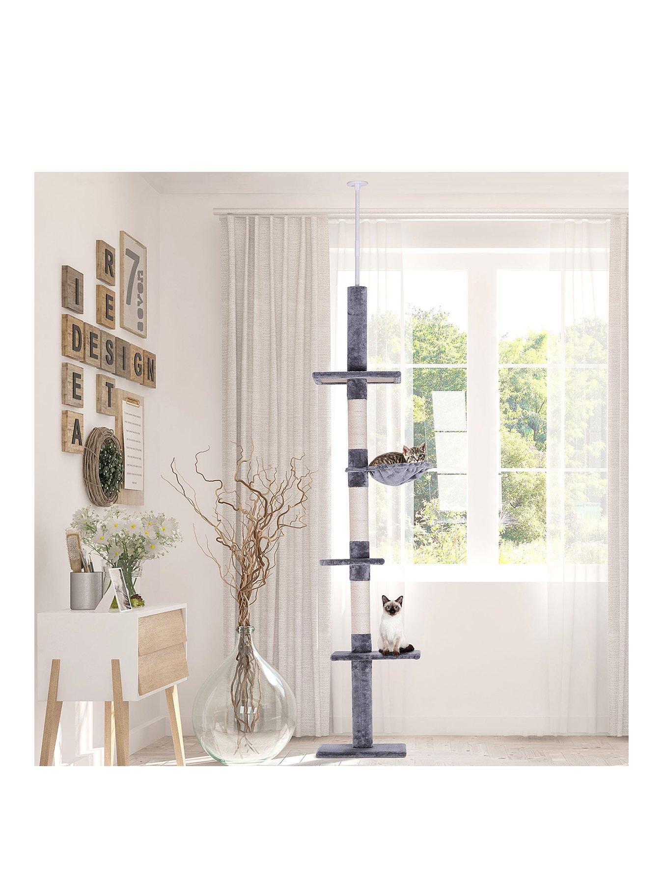 PawHut Floor to Ceiling Cat Tree 5-Tier Kitty Tower Scratching Post Adjustable Height 230-260 cm- Grey