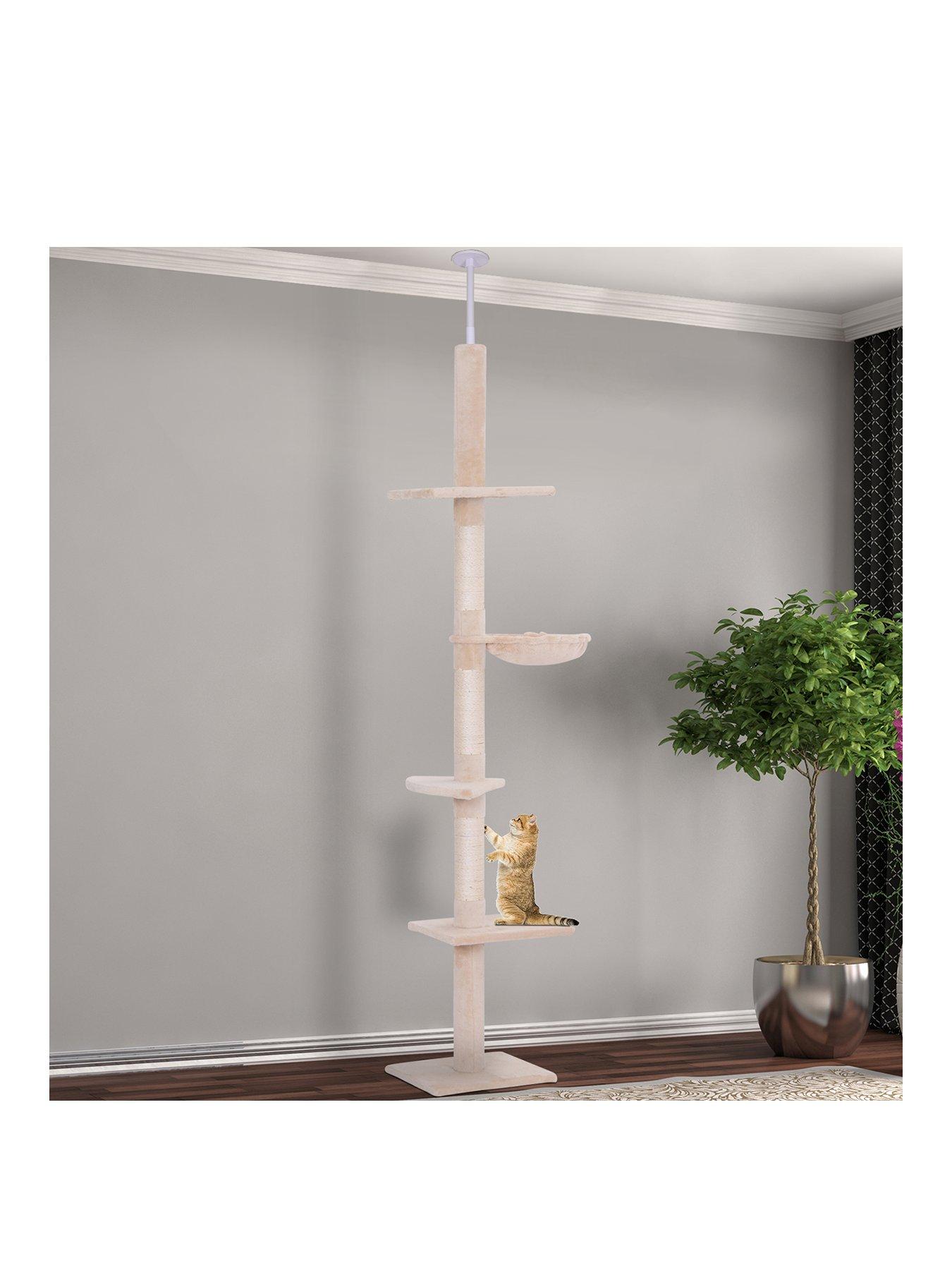 PawHut Floor to Ceiling Cat Tree 5-Tier Kitty Tower Scratching Post Adjustable Height 230-260 cm- Natural
