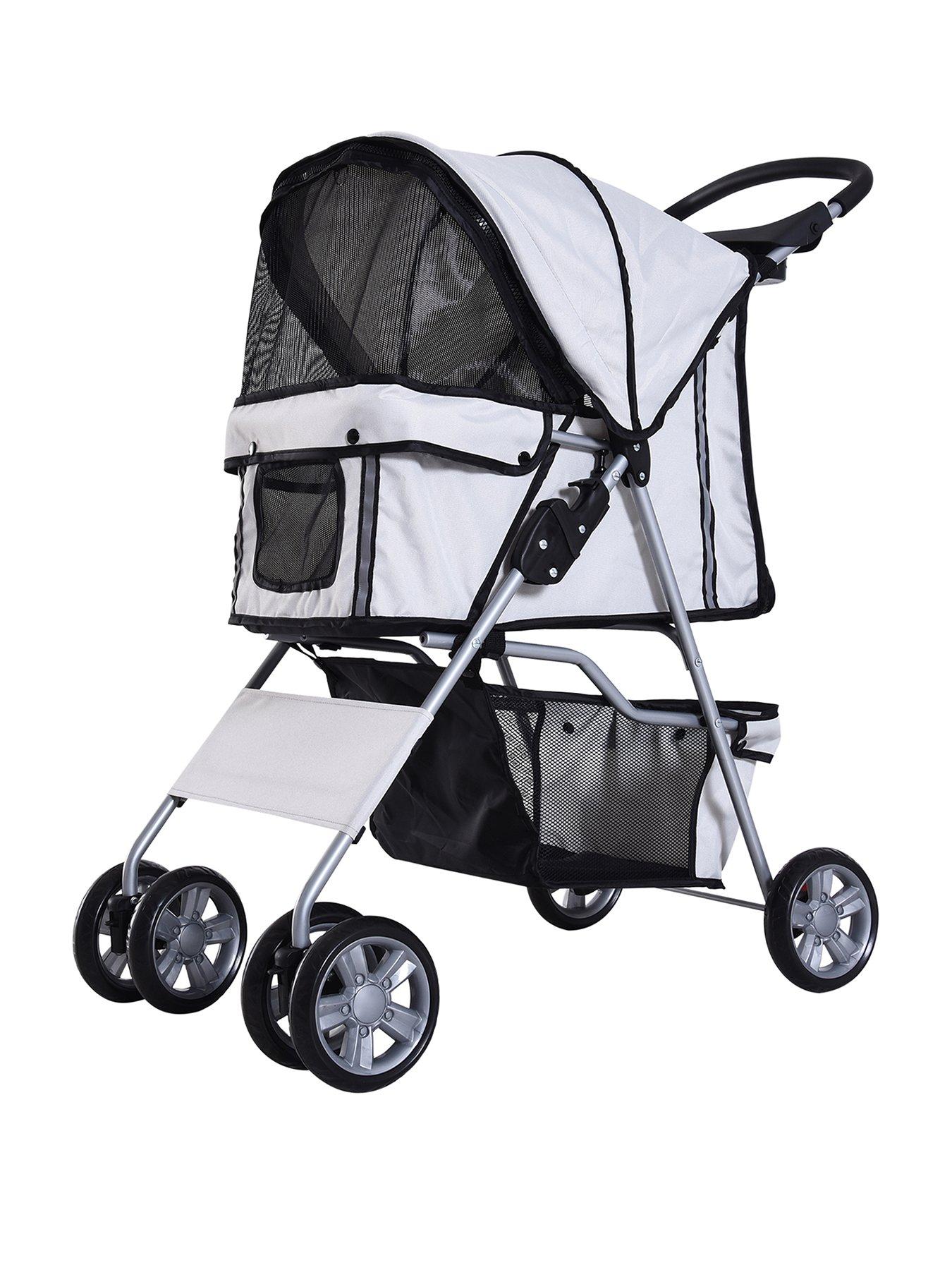  image of pawhut-pet-stroller-for-small-dogscats-foldable-travel-carriage-with-wheels-zipper-entry-cup-holder-storage-basket-grey