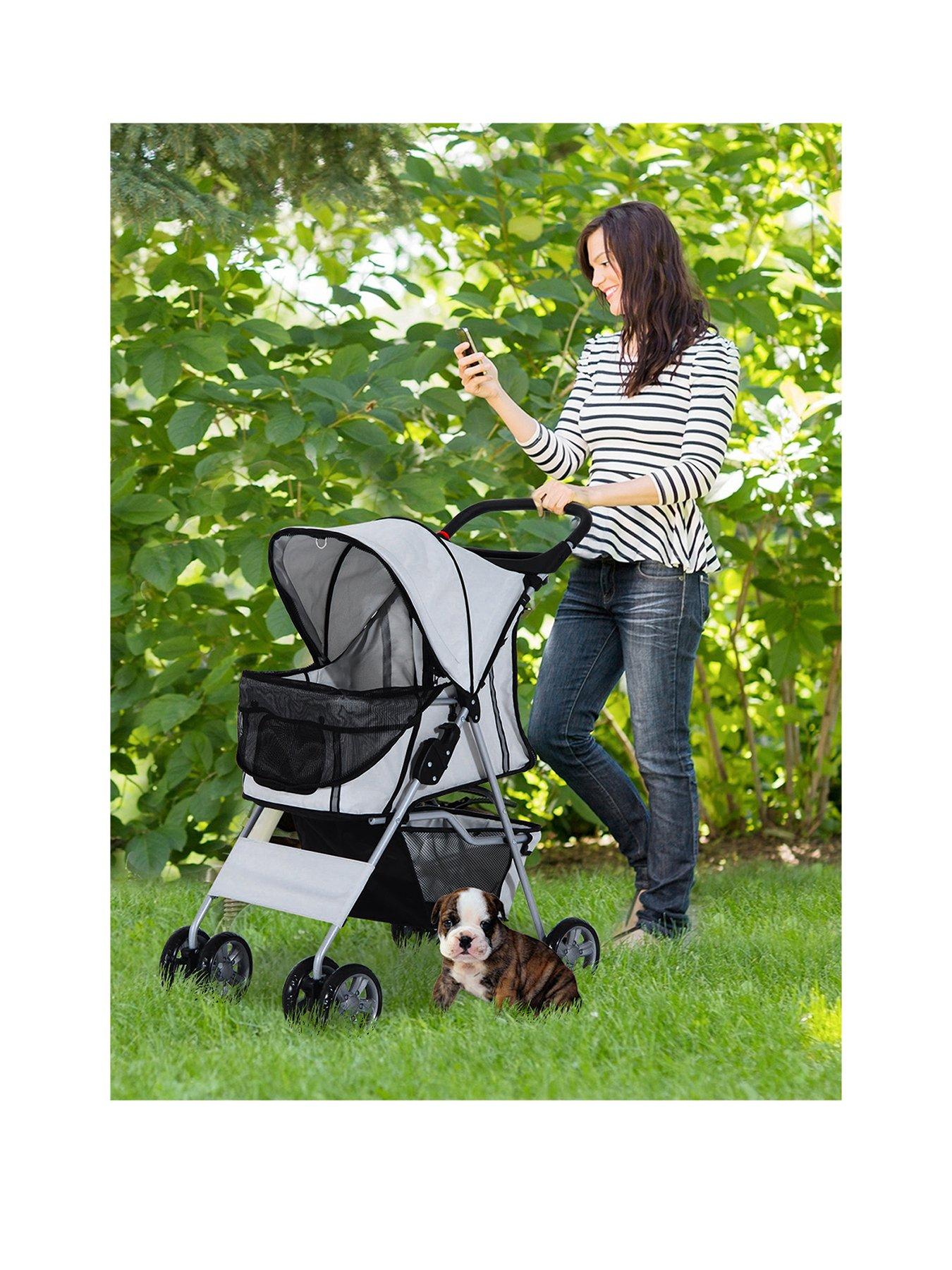 pawhut-pet-stroller-for-small-dogscats-foldable-travel-carriage-with-wheels-zipper-entry-cup-holder-storage-basket-grey