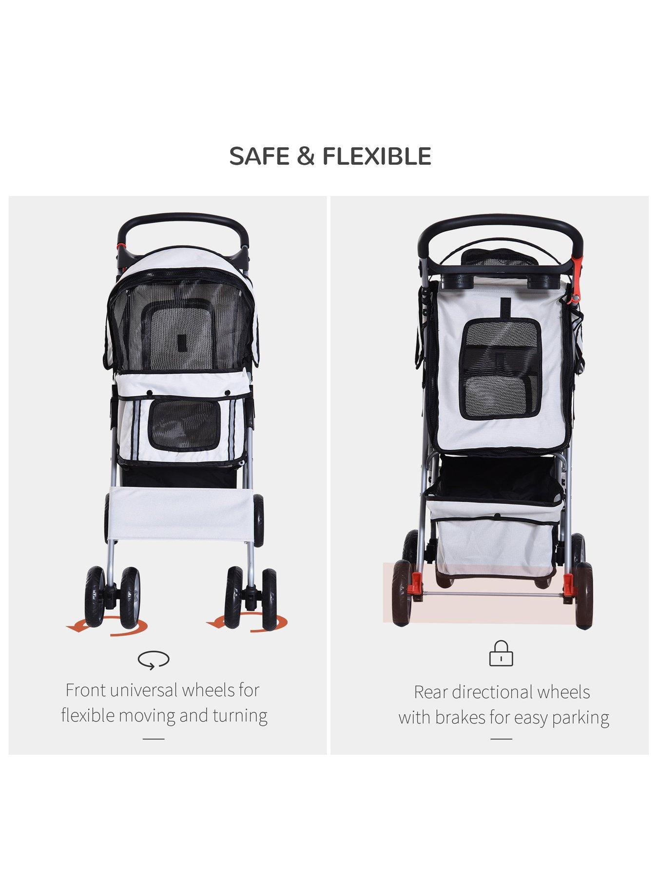  image of pawhut-pet-stroller-for-small-dogscats-foldable-travel-carriage-with-wheels-zipper-entry-cup-holder-storage-basket-grey
