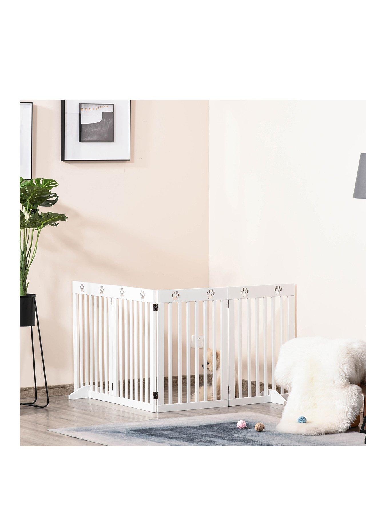pawhut-freestanding-pet-gate-4-panel-dog-barrier-folding-safety-fence-with-support-feet--white