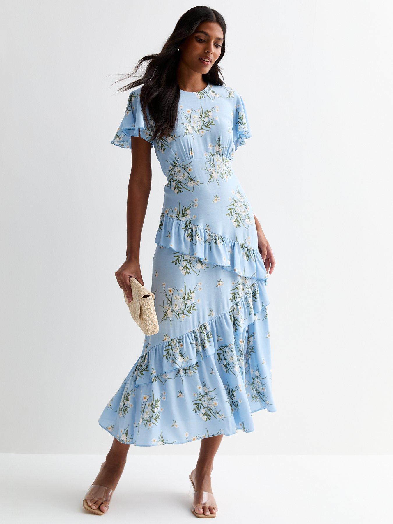 New Look Blue Floral Flutter Sleeve Asymmetric Ruffle Midi Dress littlewoods