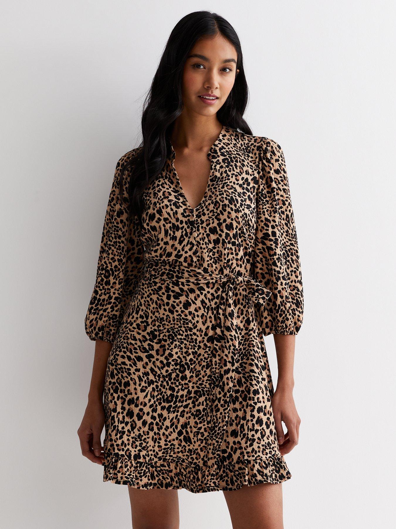 Black Leopard Print Belted Ruffle Hem Mini Shirt Dress