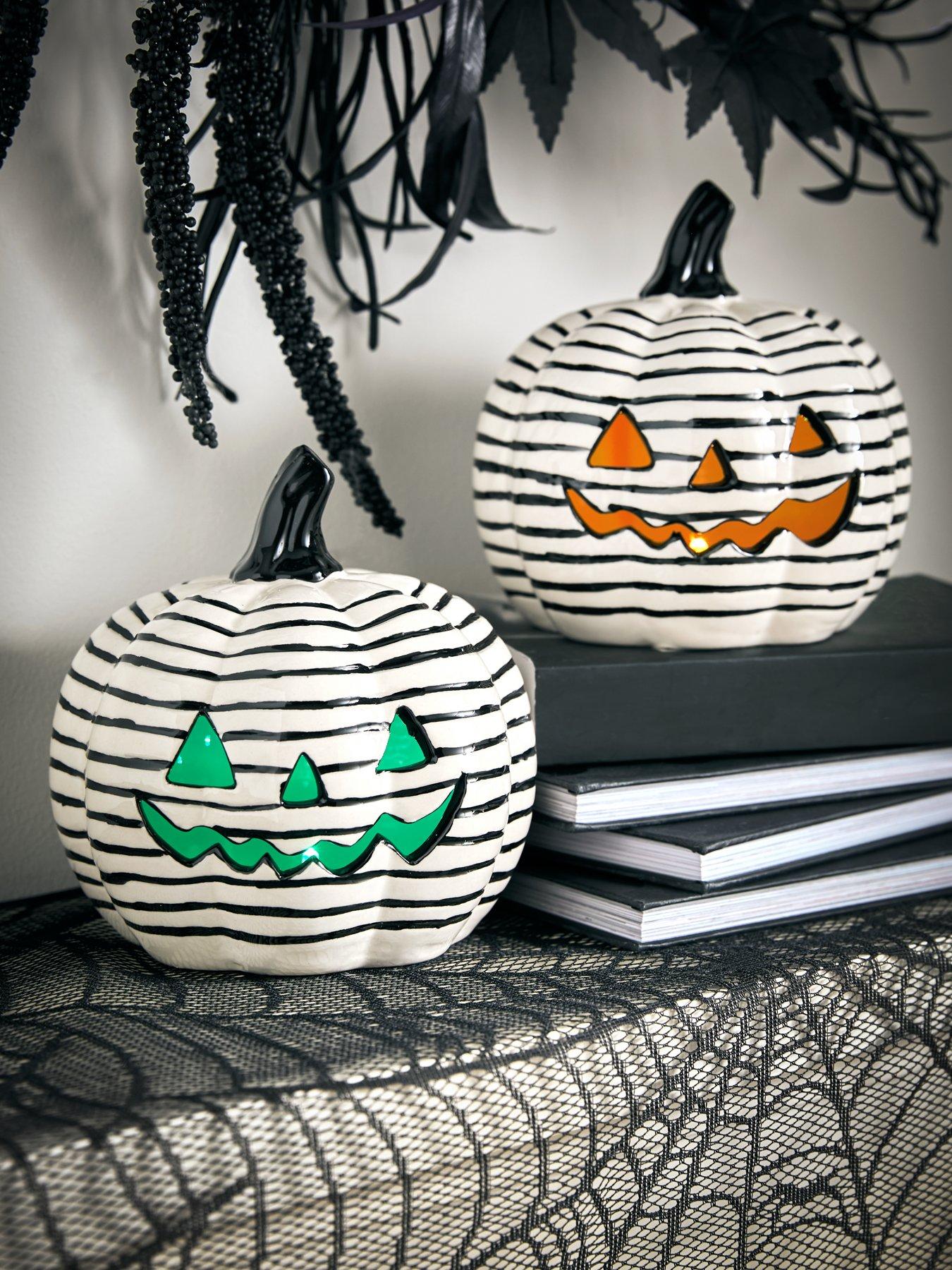 undefined Set of 2 Light-Up Striped Ceramic Pumpkin Decorations