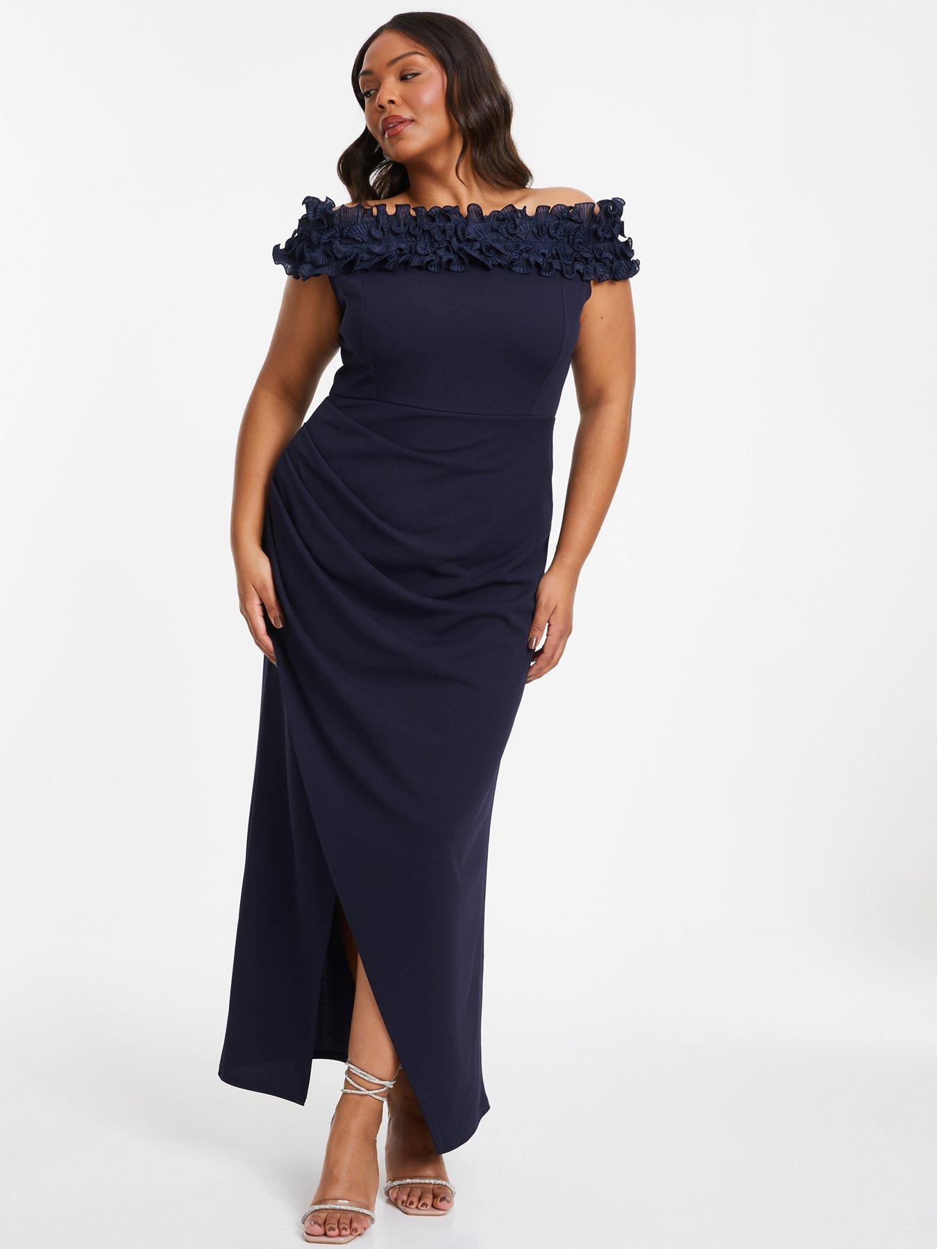 Curve Navy Ruffle Bardot Maxi Dress