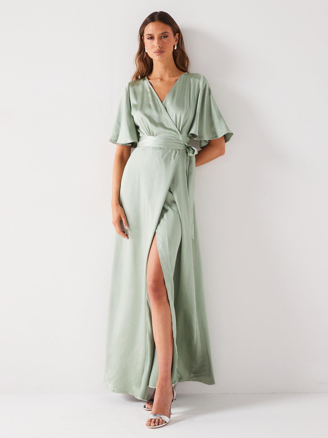 undefined Wrap Tie Satin Bridesmaid Dress - Sage