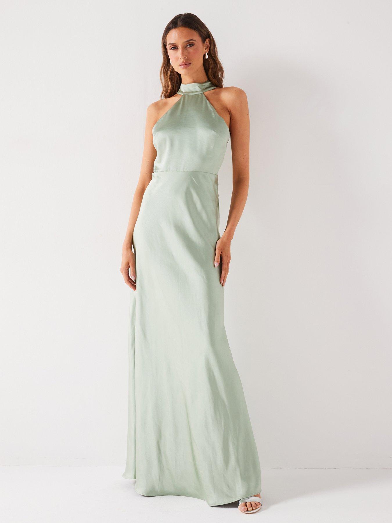 undefined Halter Neck Satin Bridesmaid Dress - Sage