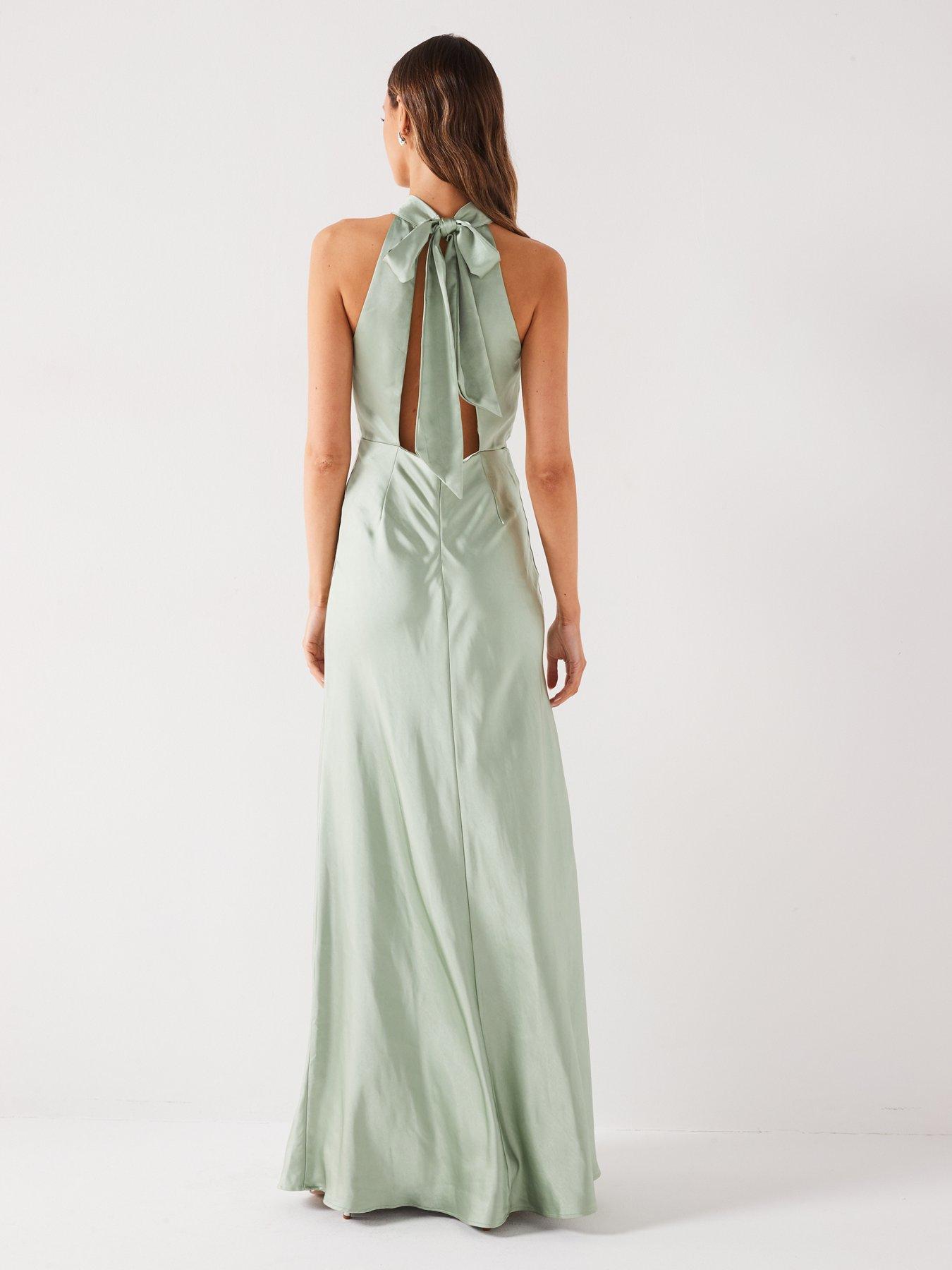 Halter Neck Satin Bridesmaid Dress Sage