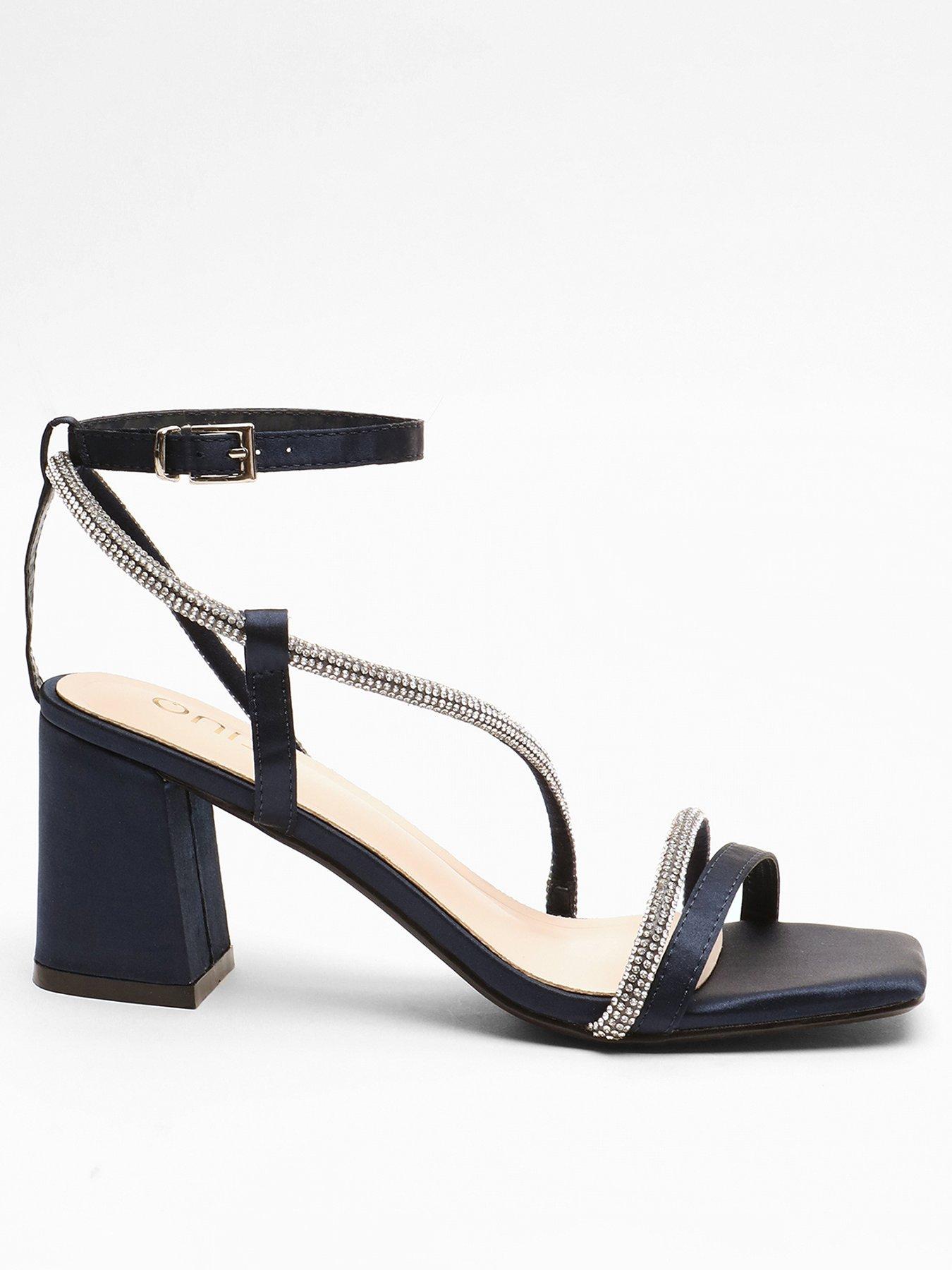 undefined Navy Satin Diamante Block Heeled Sandals
