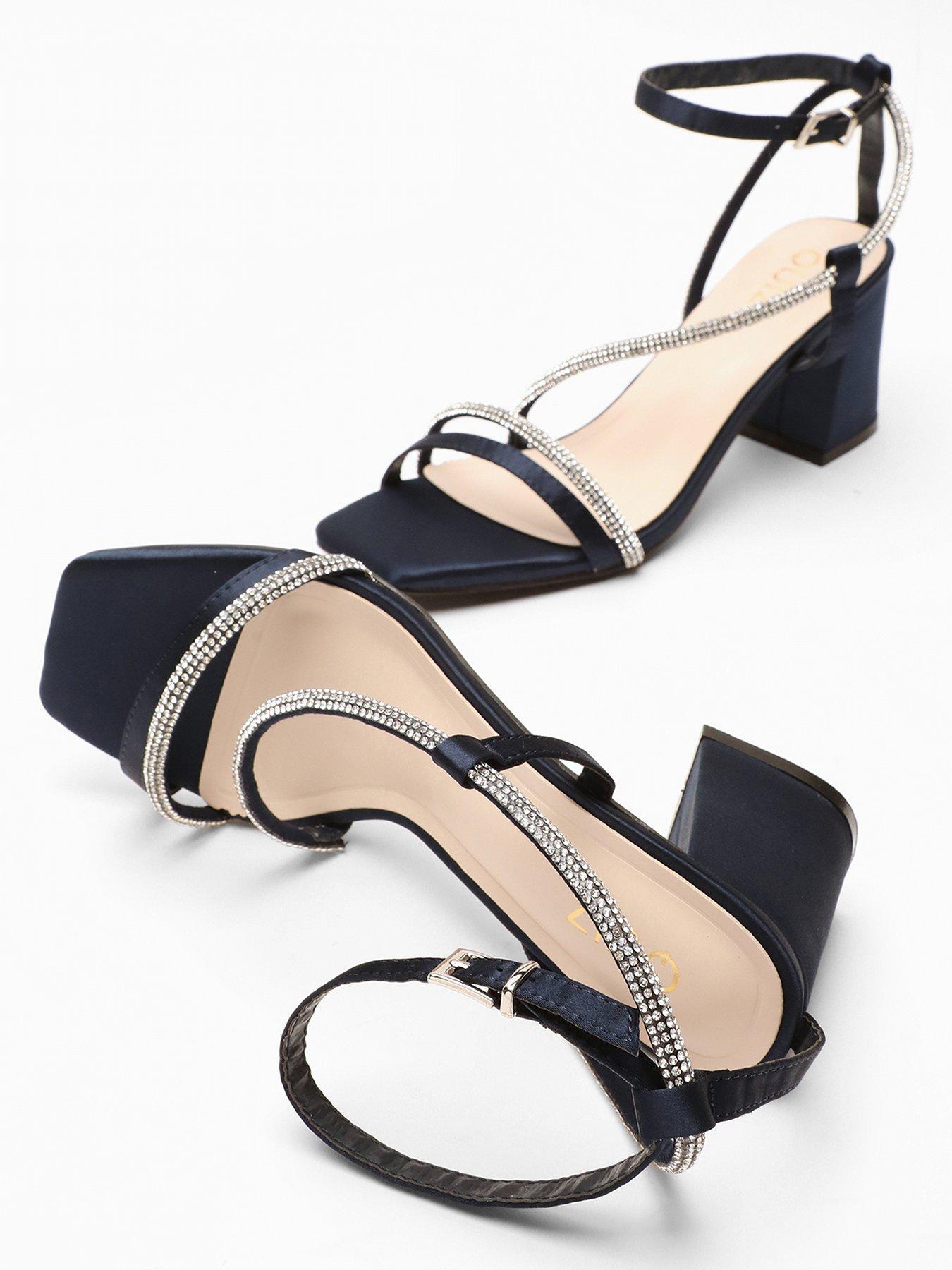 Quiz Navy Satin Diamante Block Heeled Sandals Littlewoods