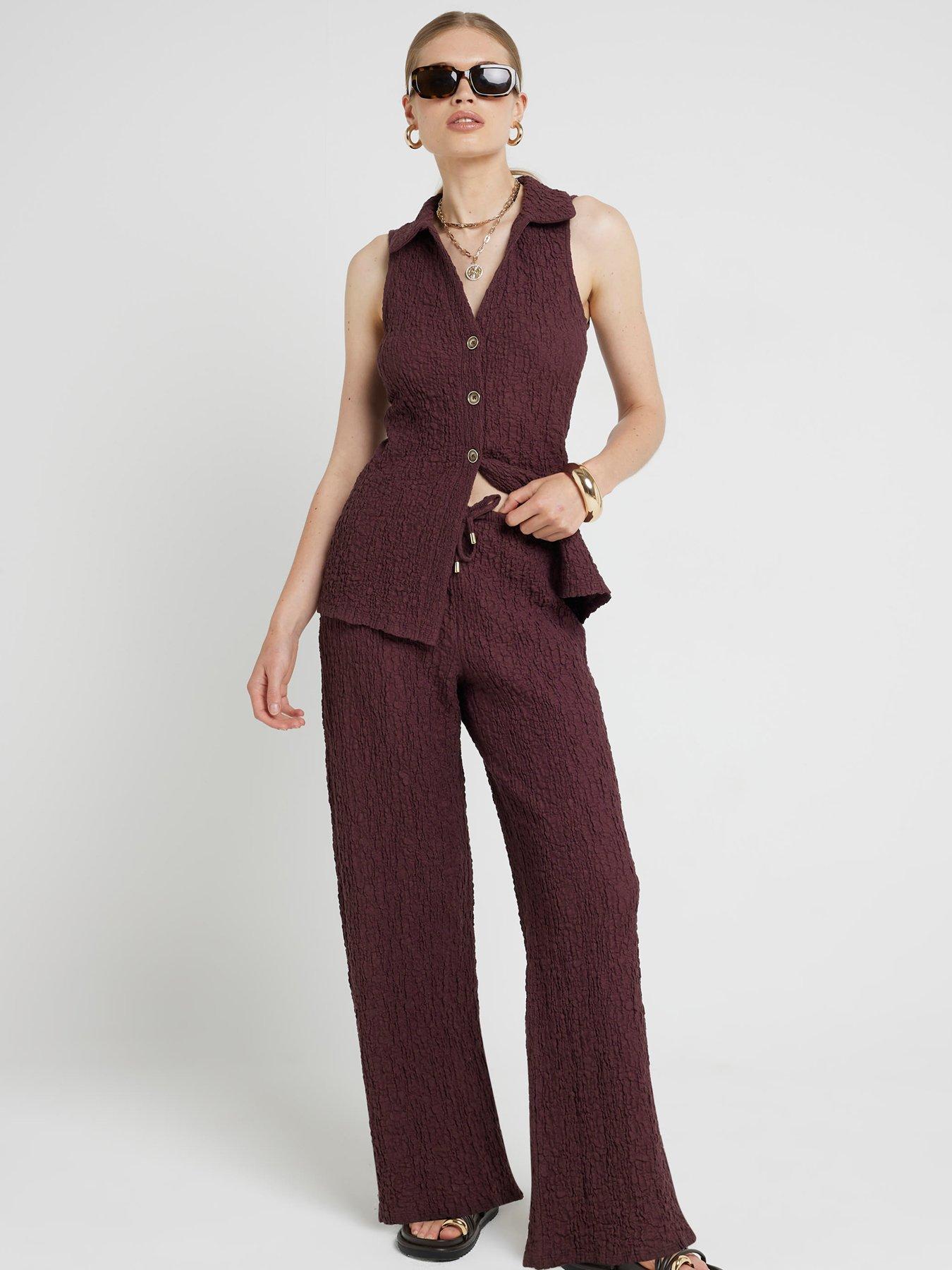 River Island Textured Wide Leg Trouser Dark Red littlewoods
