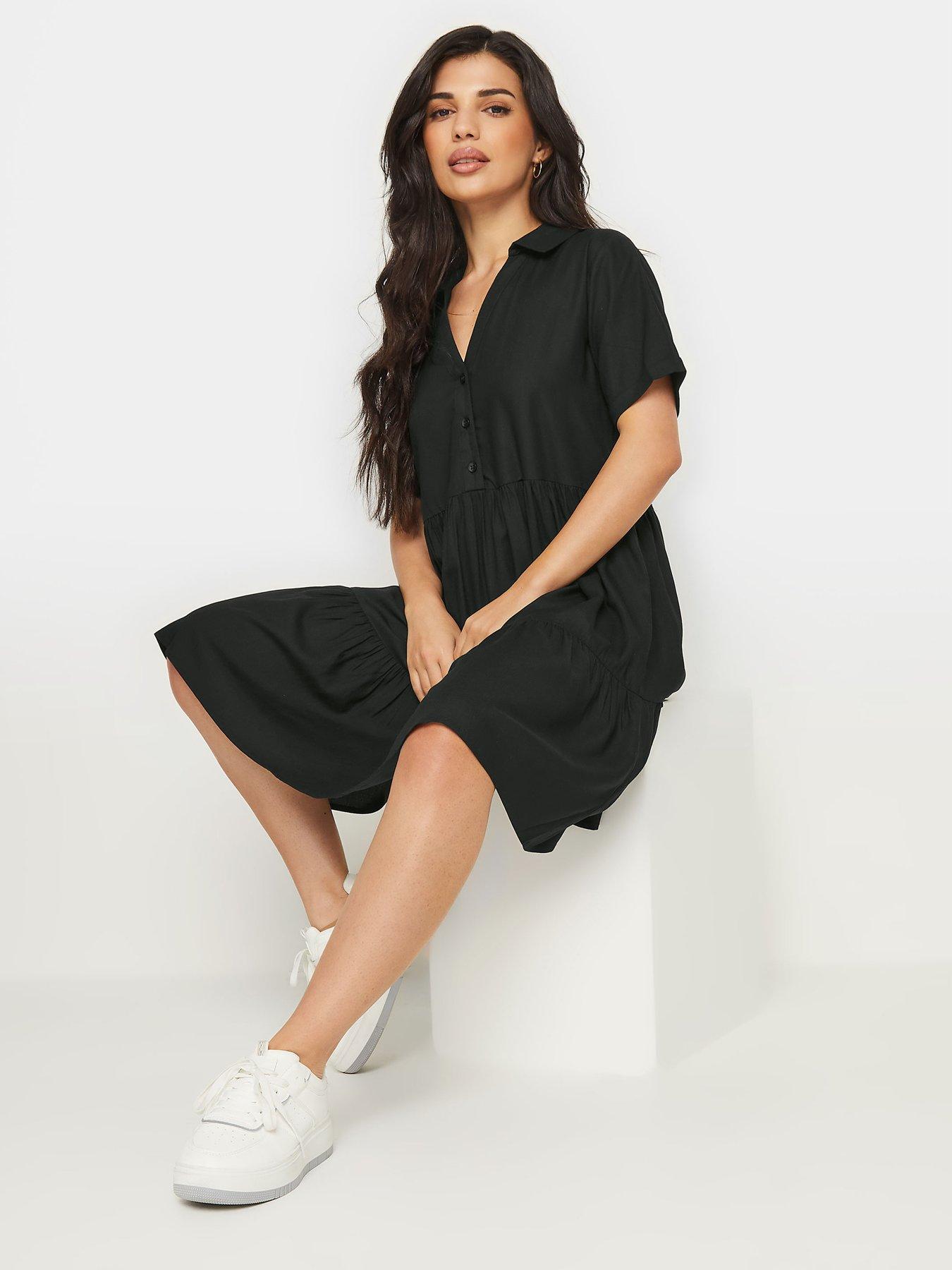 undefined Petite Black Smock Button Dress - Black