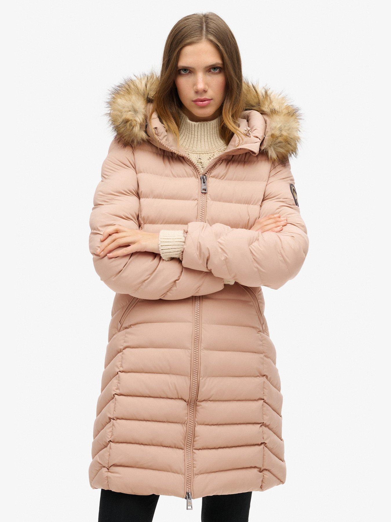 Superdry Fuji Faux Fur Hood Midi Length Jacket Beige Littlewoods