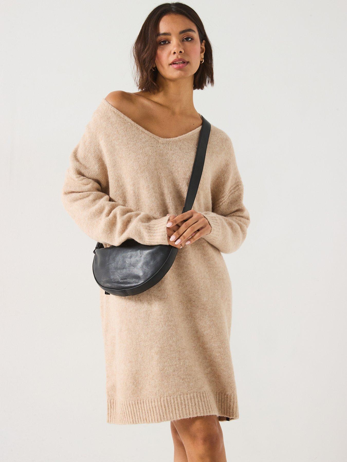 undefined Oversized V Neck Jumper Dress - Beige