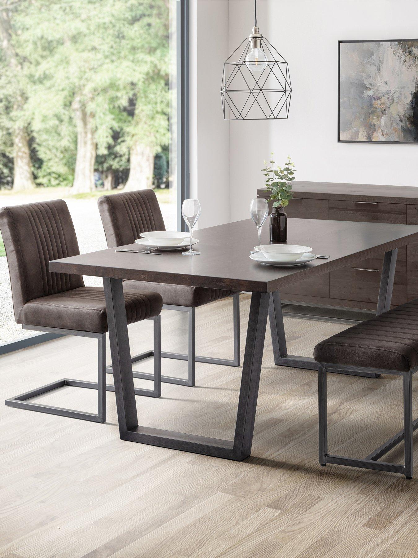Julian Bowen Brooklyn Solid Oak 180 cm Rectangular Table, 1 Charcoal Brooklyn Bench and 2 Charcoal Brooklyn Chairs