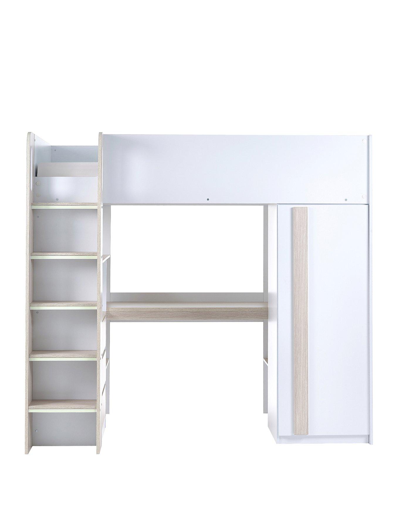  image of julian-bowen-ocean-highsleeper-bed-with-wardrobe-desk-shelvesnbspand-drawers-pale-woodwhite