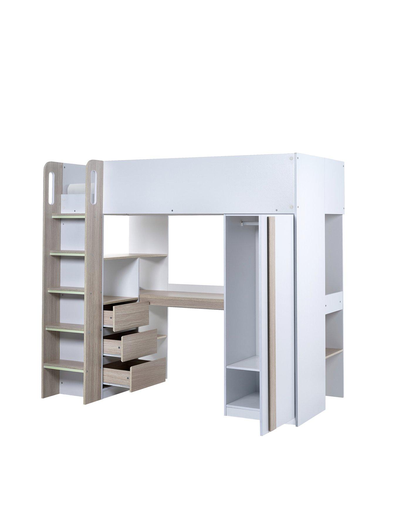 image of julian-bowen-ocean-highsleeper-bed-with-wardrobe-desk-shelvesnbspand-drawers-pale-woodwhite