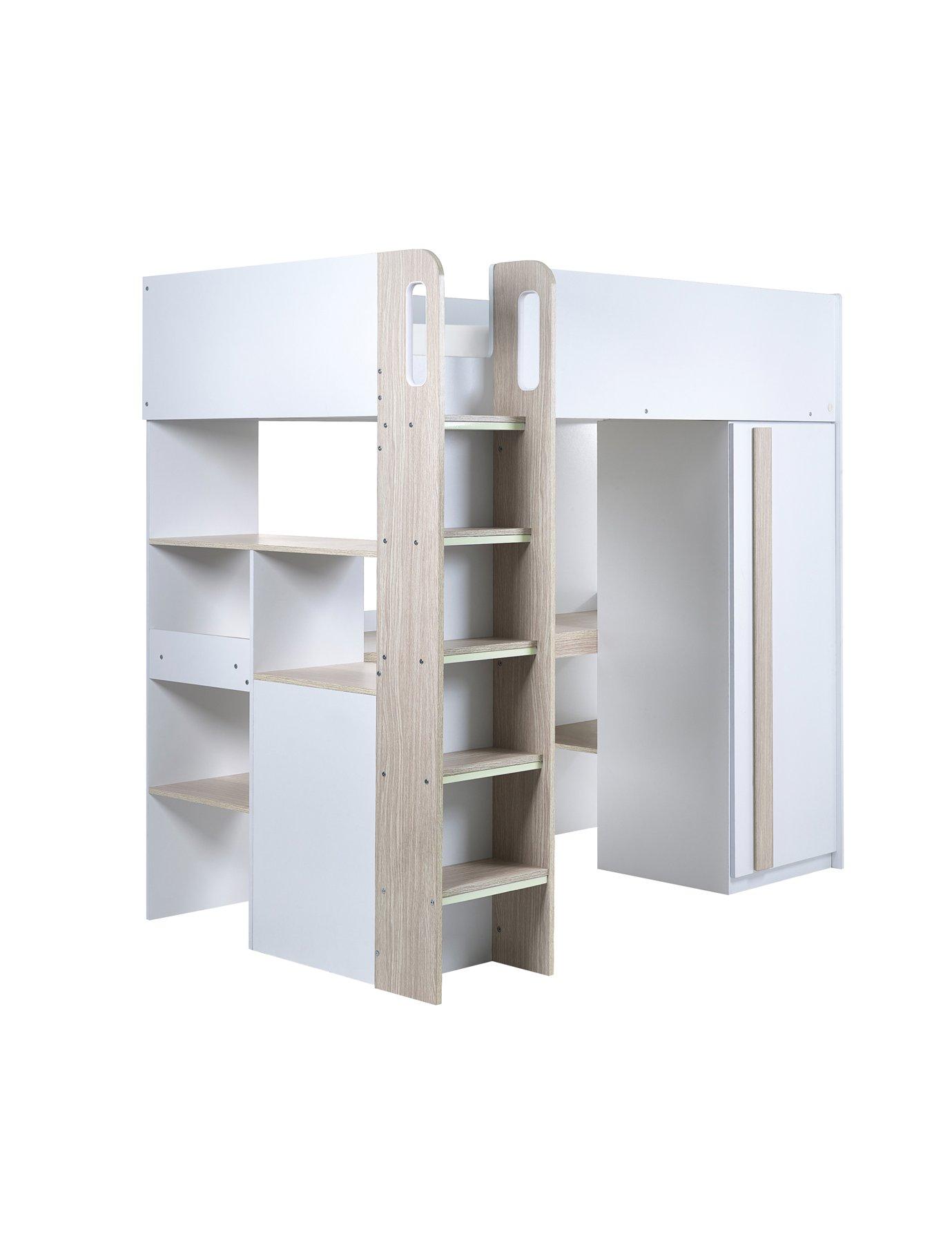  image of julian-bowen-ocean-highsleeper-bed-with-wardrobe-desk-shelvesnbspand-drawers-pale-woodwhite