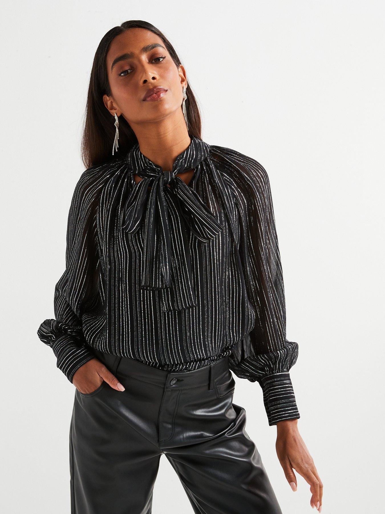 undefined Stripe Pussy Bow Lurex Blouse - Black