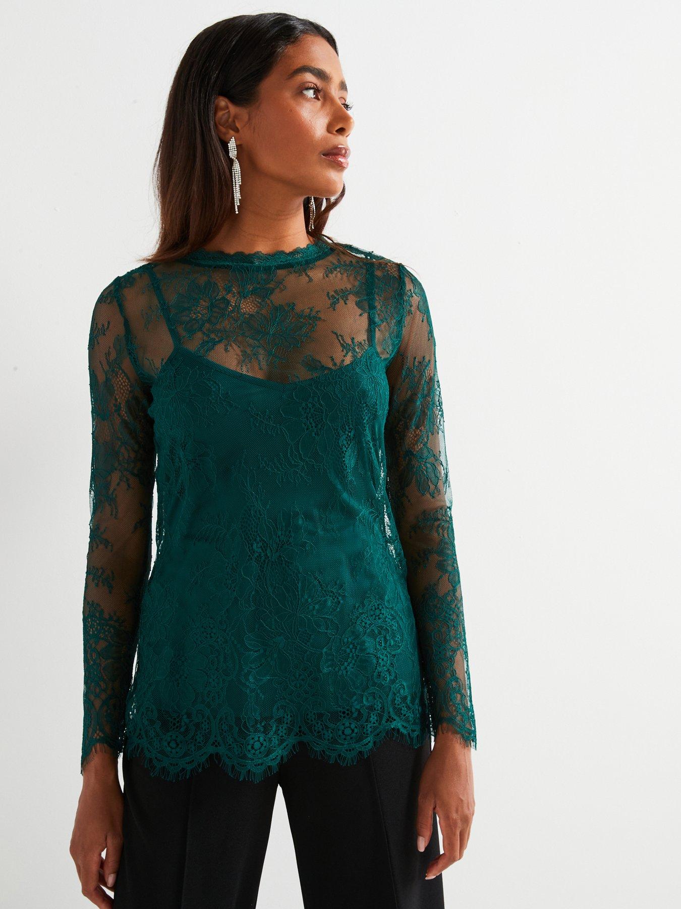 front image of v-by-very-lace-shell-top-green