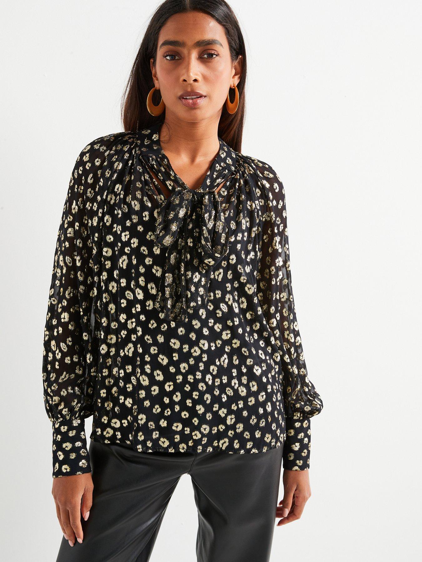 undefined Pussy Bow Lurex Blouse - Black/Gold