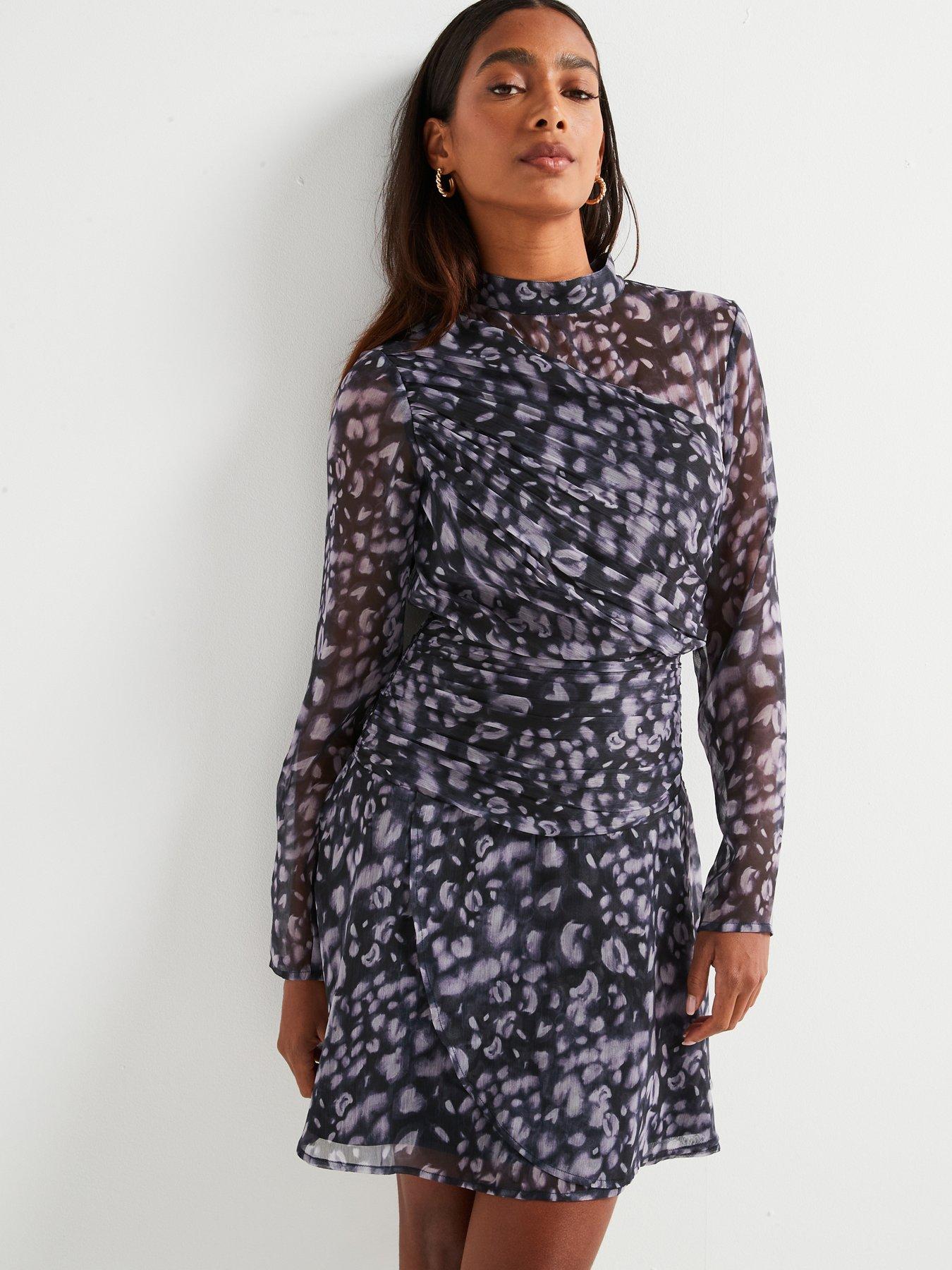 undefined Gathered Printed Skater Mini Dress - Purple