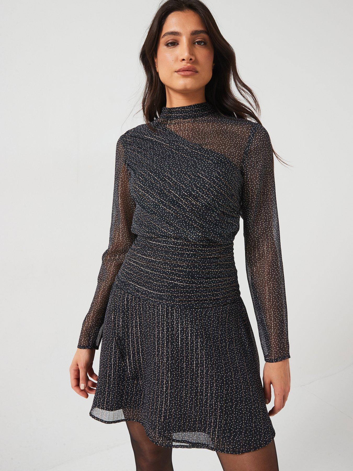 undefined Gathered Printed Skater Dress - Black Spot