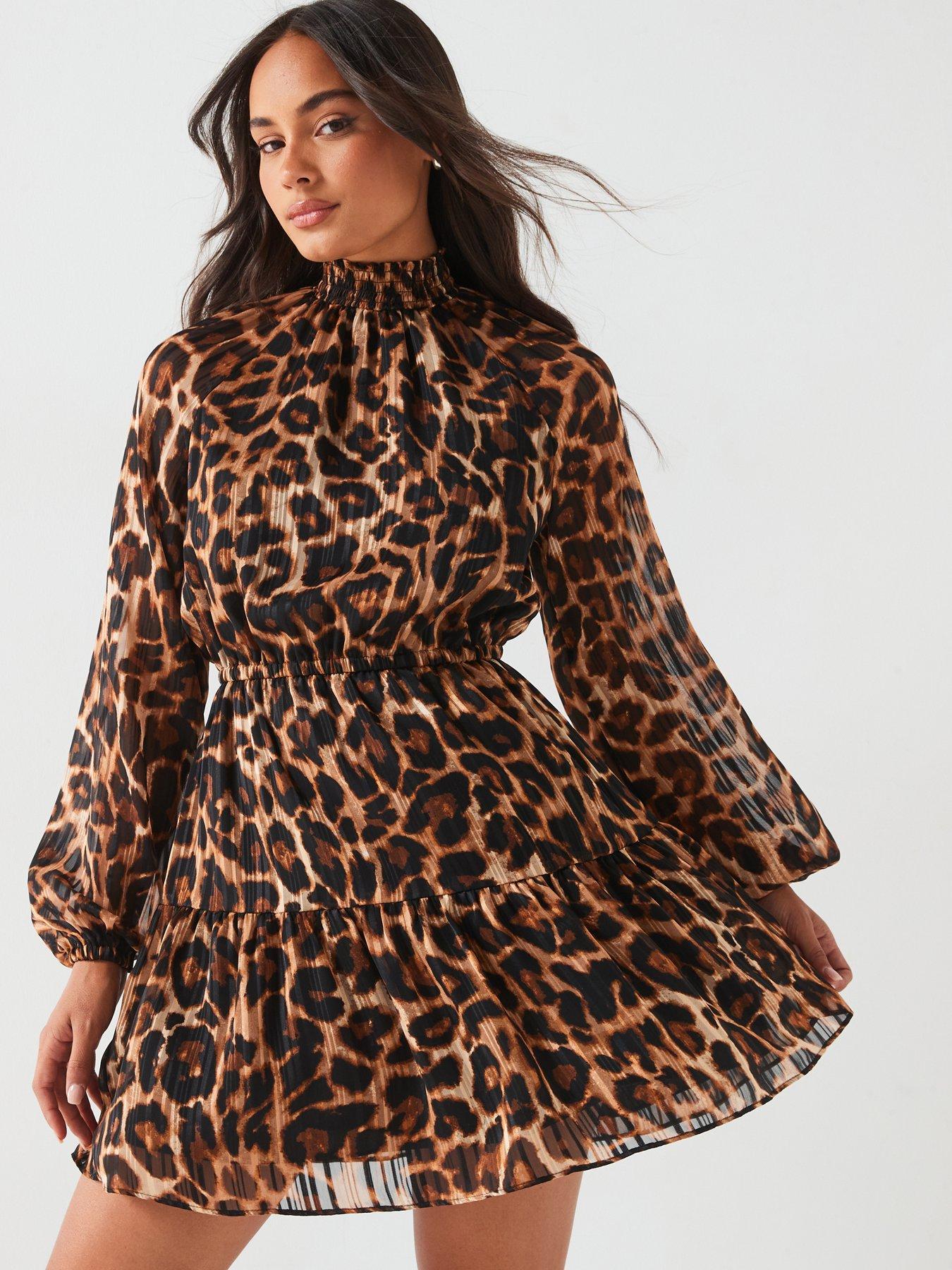 undefined Leopard Print Mini Skater Dress - Brown