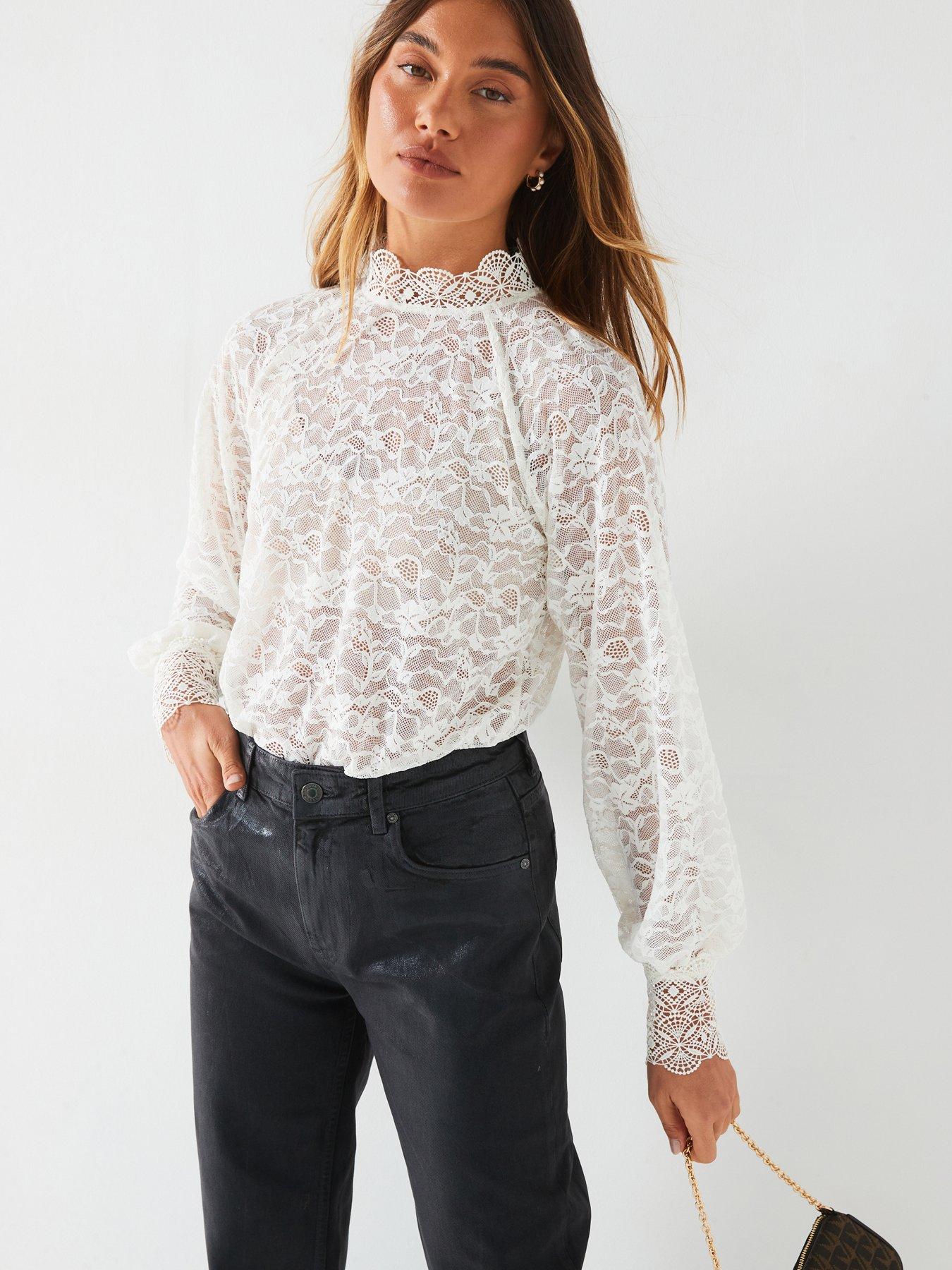  image of v-by-very-high-neck-lace-shell-top-ecru