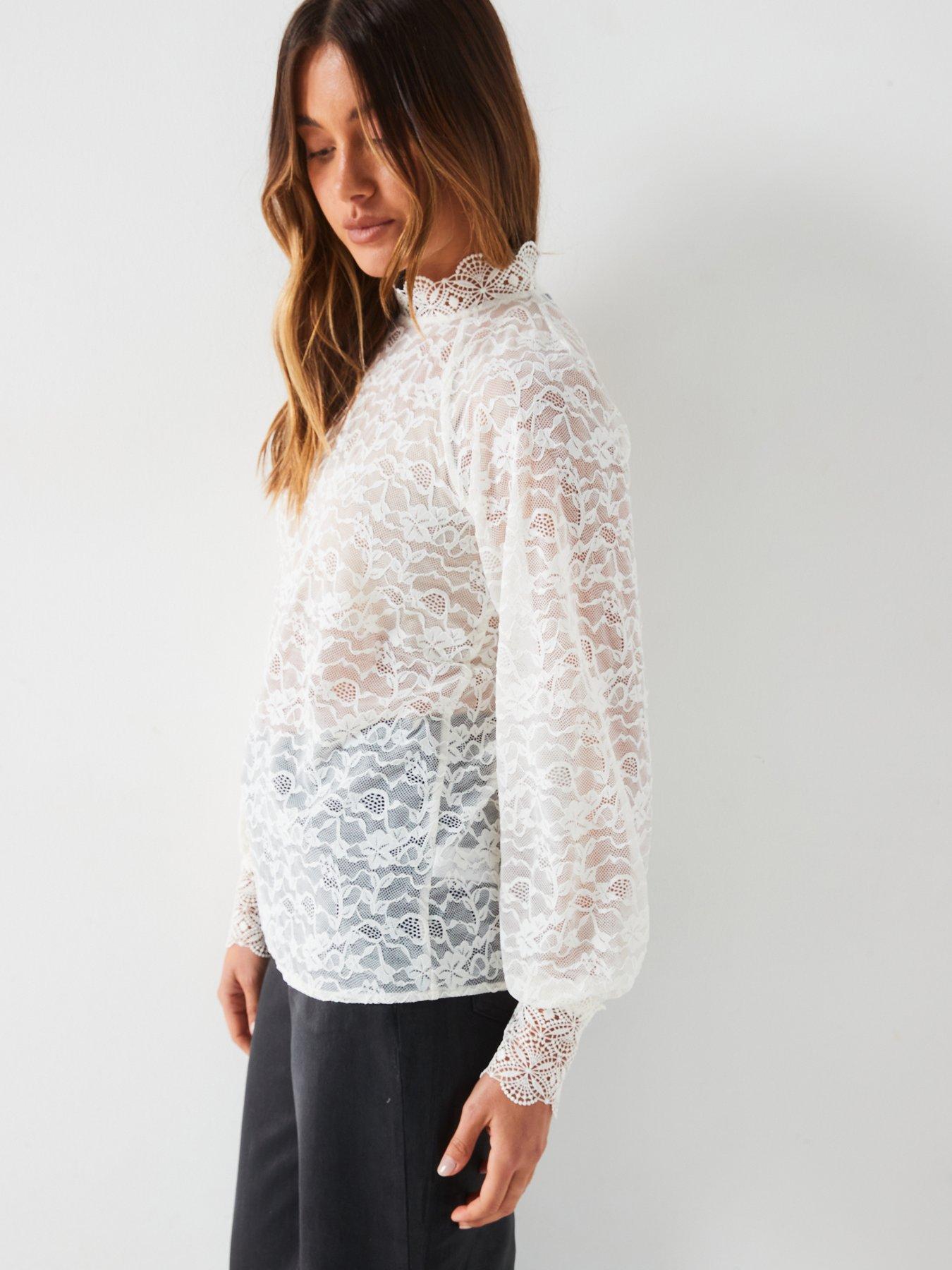  image of v-by-very-high-neck-lace-shell-top-ecru