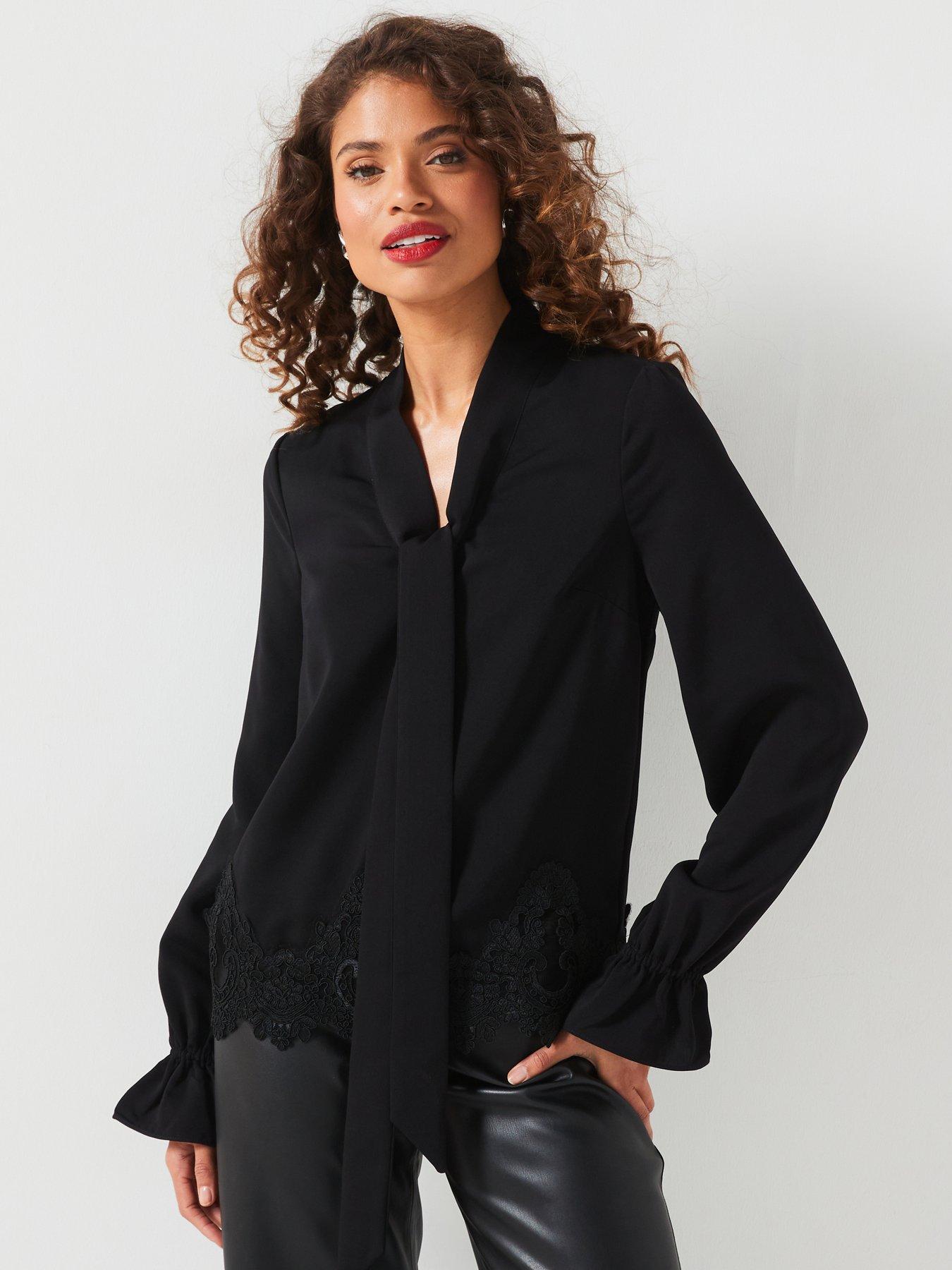 undefined Lace Hem Satin Blouse - Black