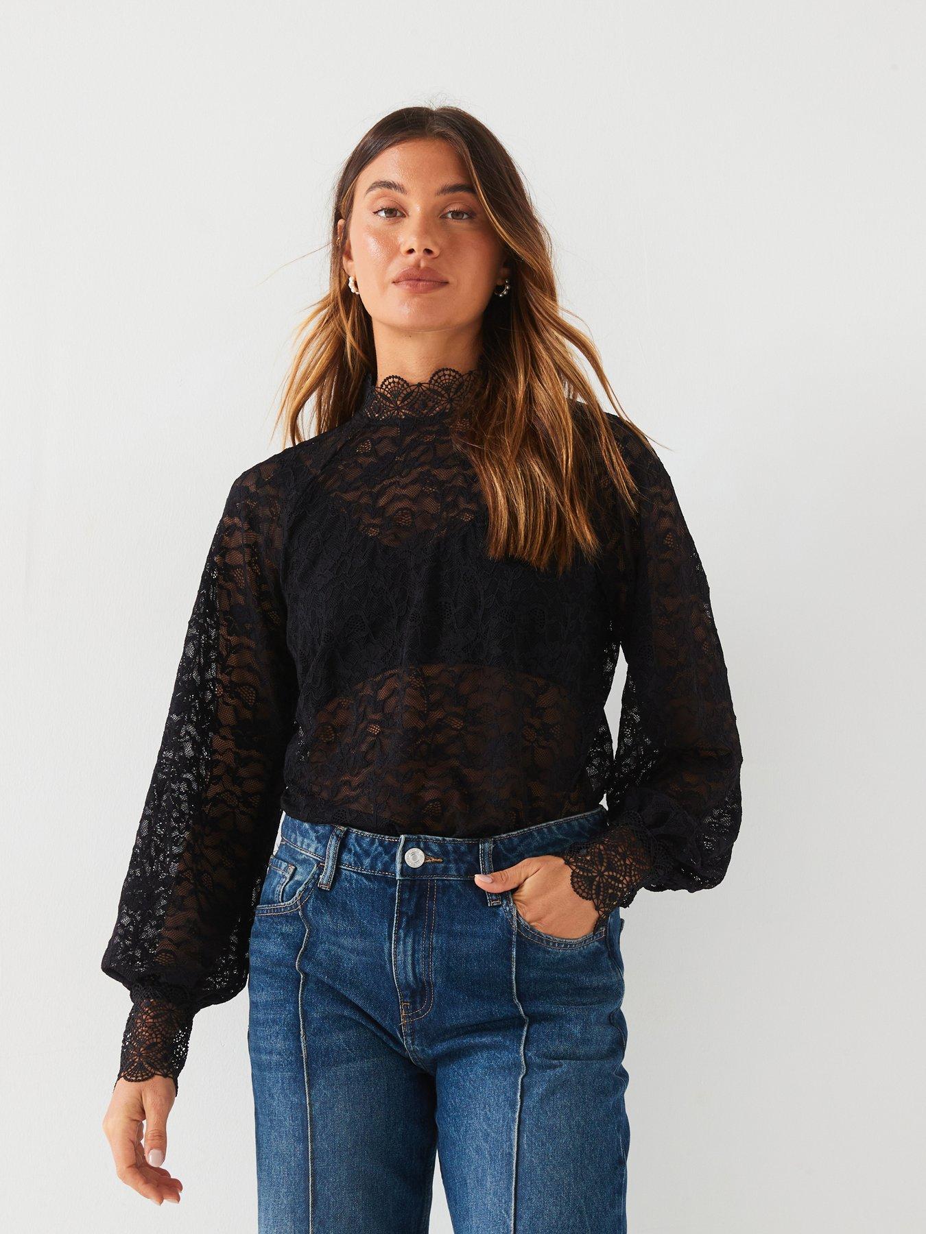 undefined High Neck Lace Shell Top - Black