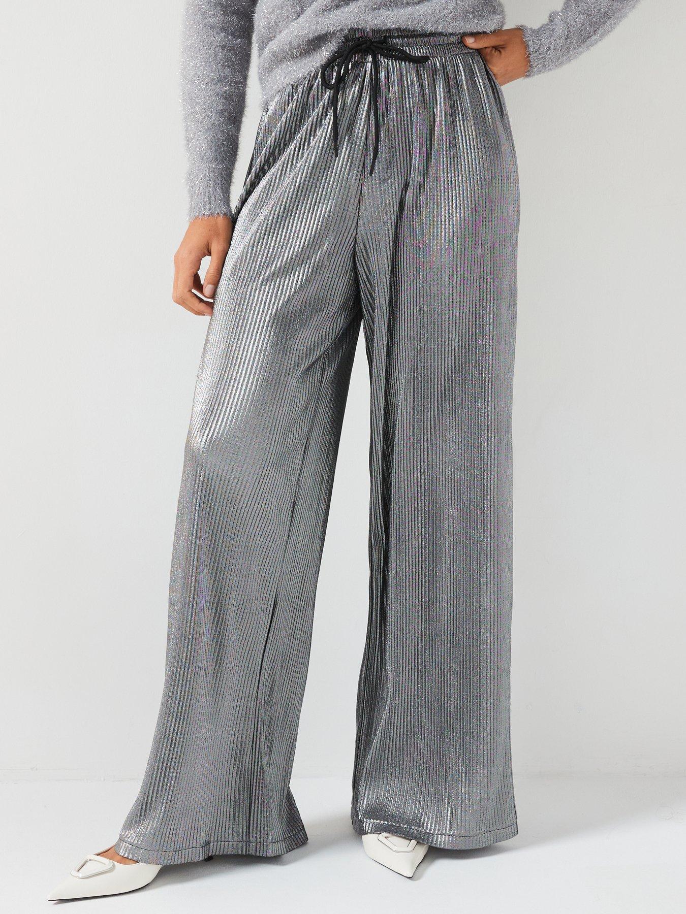 undefined Metallic Plisse Wide Leg Trouser - Gunmetal